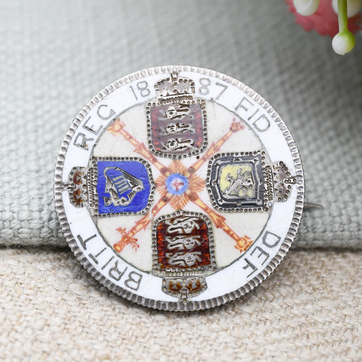 Antique Sterling Silver 1887 Victoria One Florin Coin Brooch Two Shillings - Colourful Enamel Coin Jewellery | Painted Sceptre Shield Design