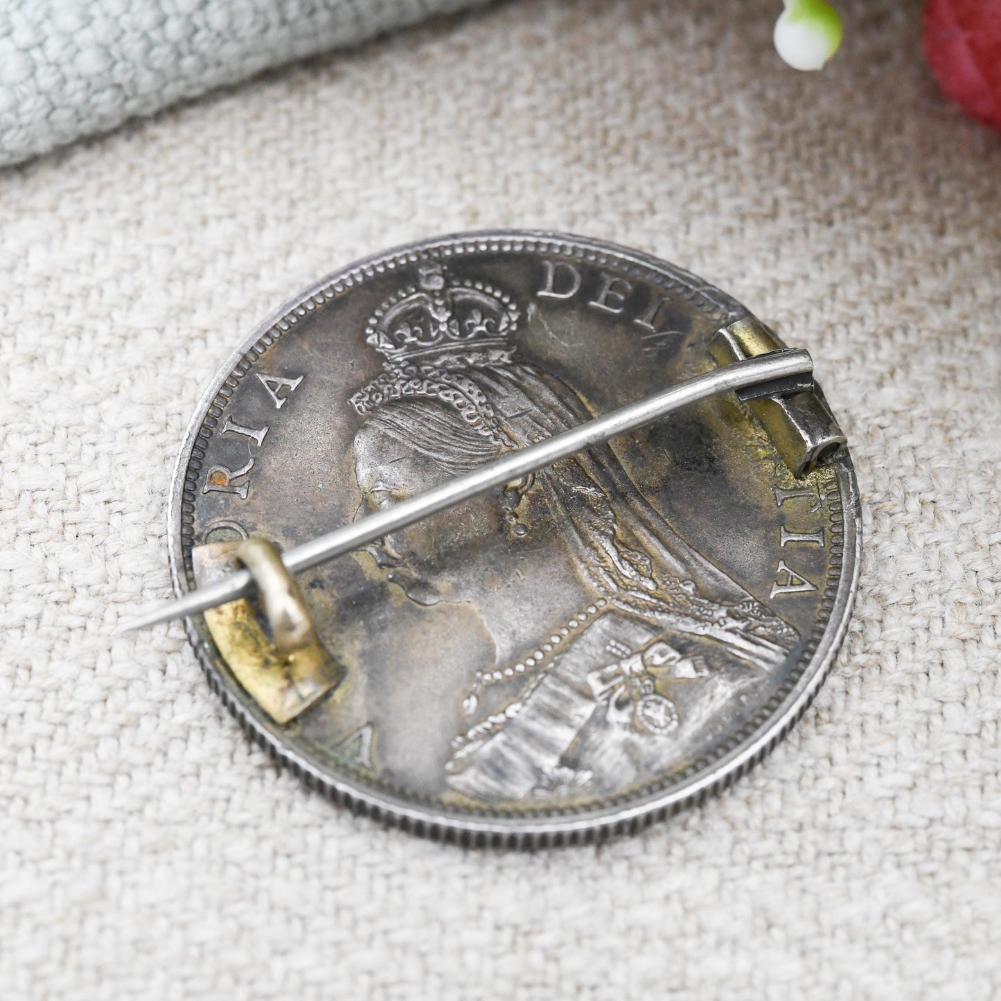 Antique Sterling Silver 1887 Victoria One Florin Coin Brooch Two Shillings - Colourful Enamel Coin Jewellery | Painted Sceptre Shield Design