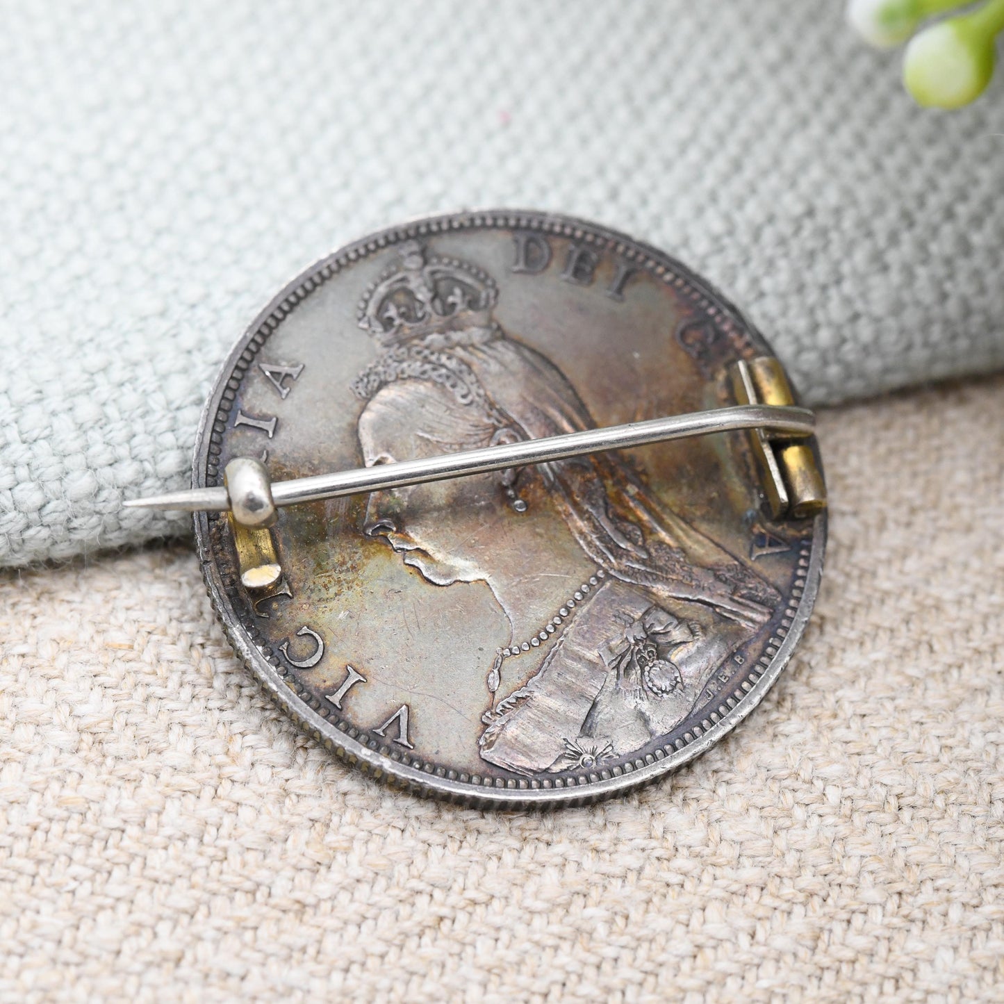 Antique Sterling Silver 1887 Victoria One Florin Coin Brooch Two Shillings - Colourful Enamel Coin Jewellery Hand Painted Red Shield Design