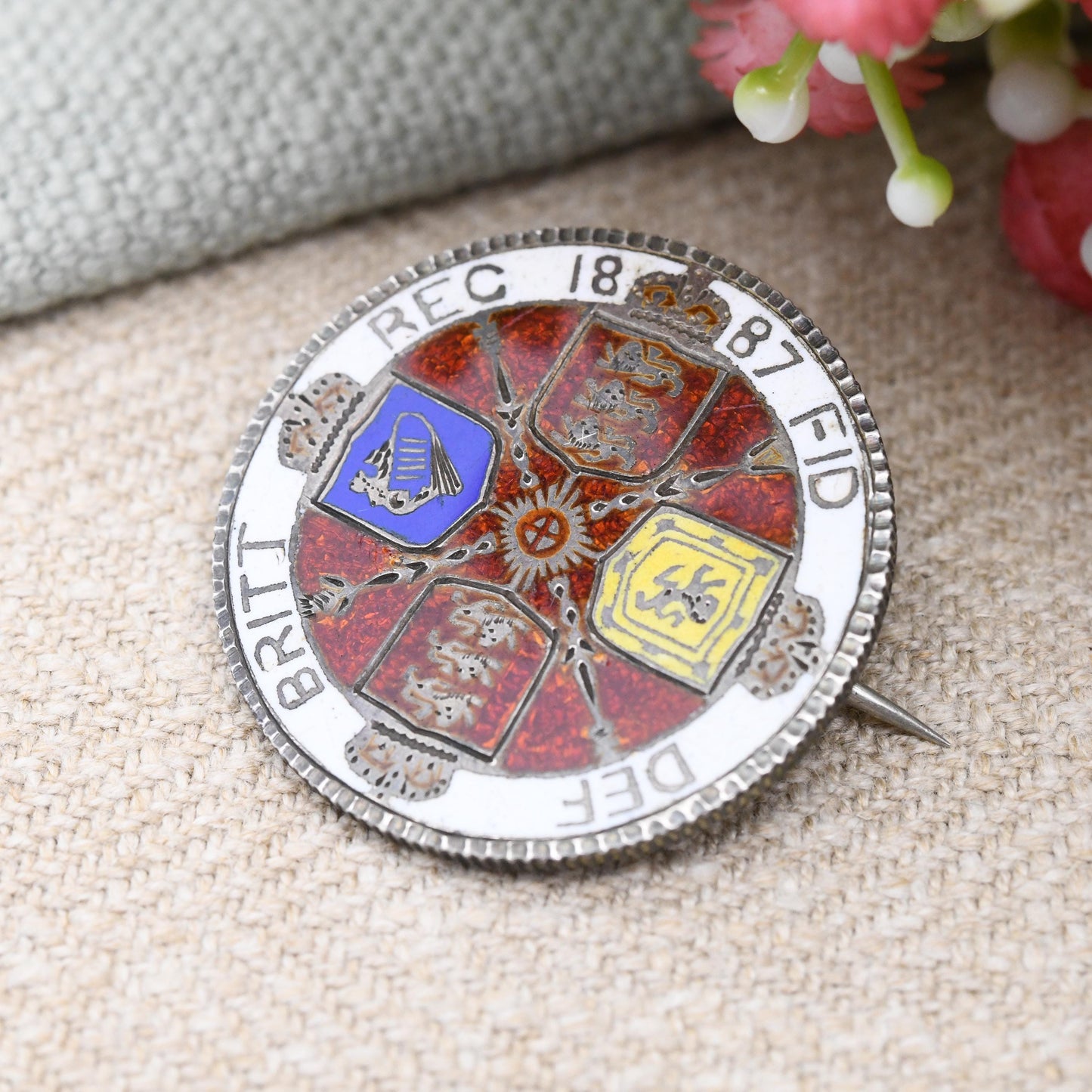 Antique Sterling Silver 1887 Victoria One Florin Coin Brooch Two Shillings - Colourful Enamel Coin Jewellery Hand Painted Red Shield Design