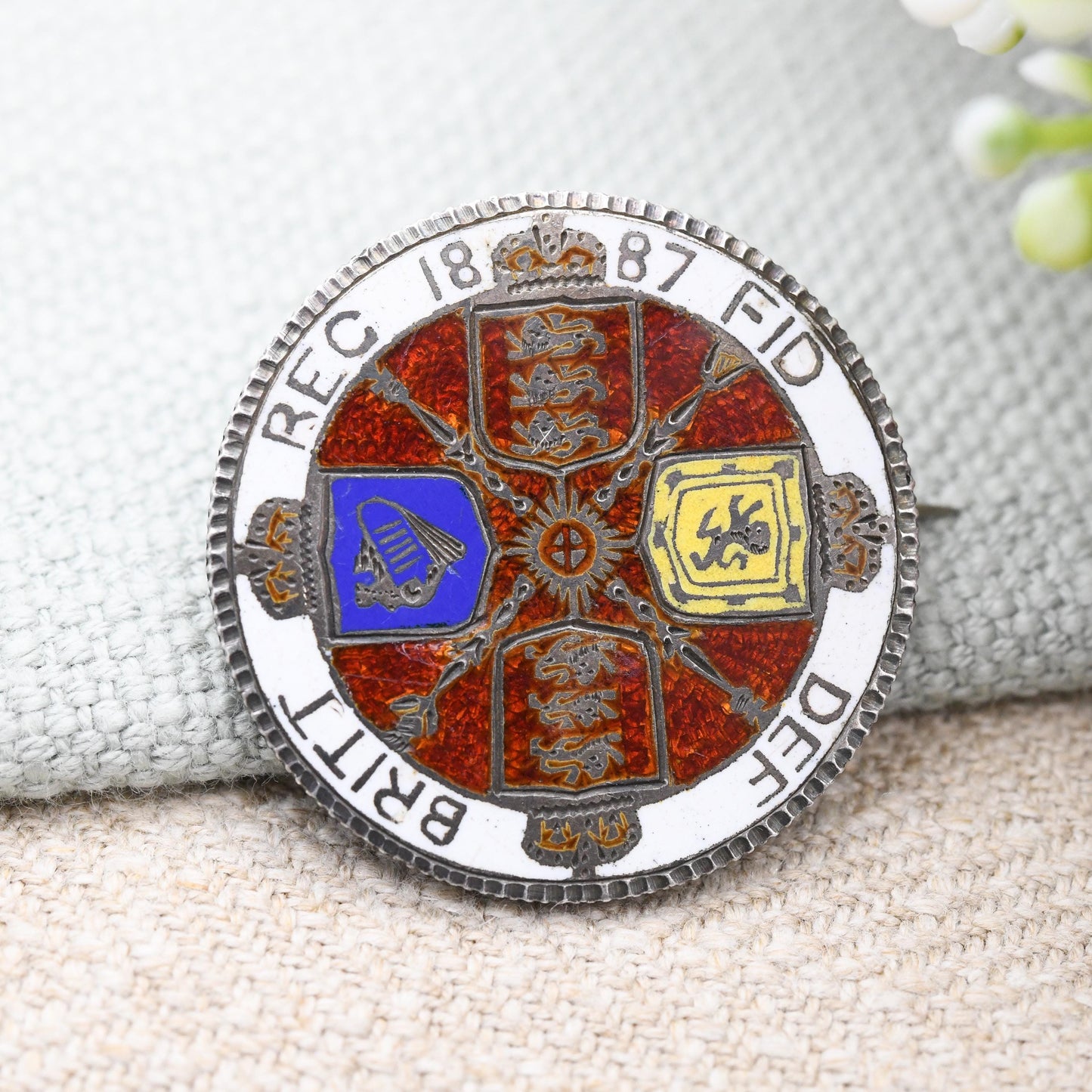 Antique Sterling Silver 1887 Victoria One Florin Coin Brooch Two Shillings - Colourful Enamel Coin Jewellery Hand Painted Red Shield Design