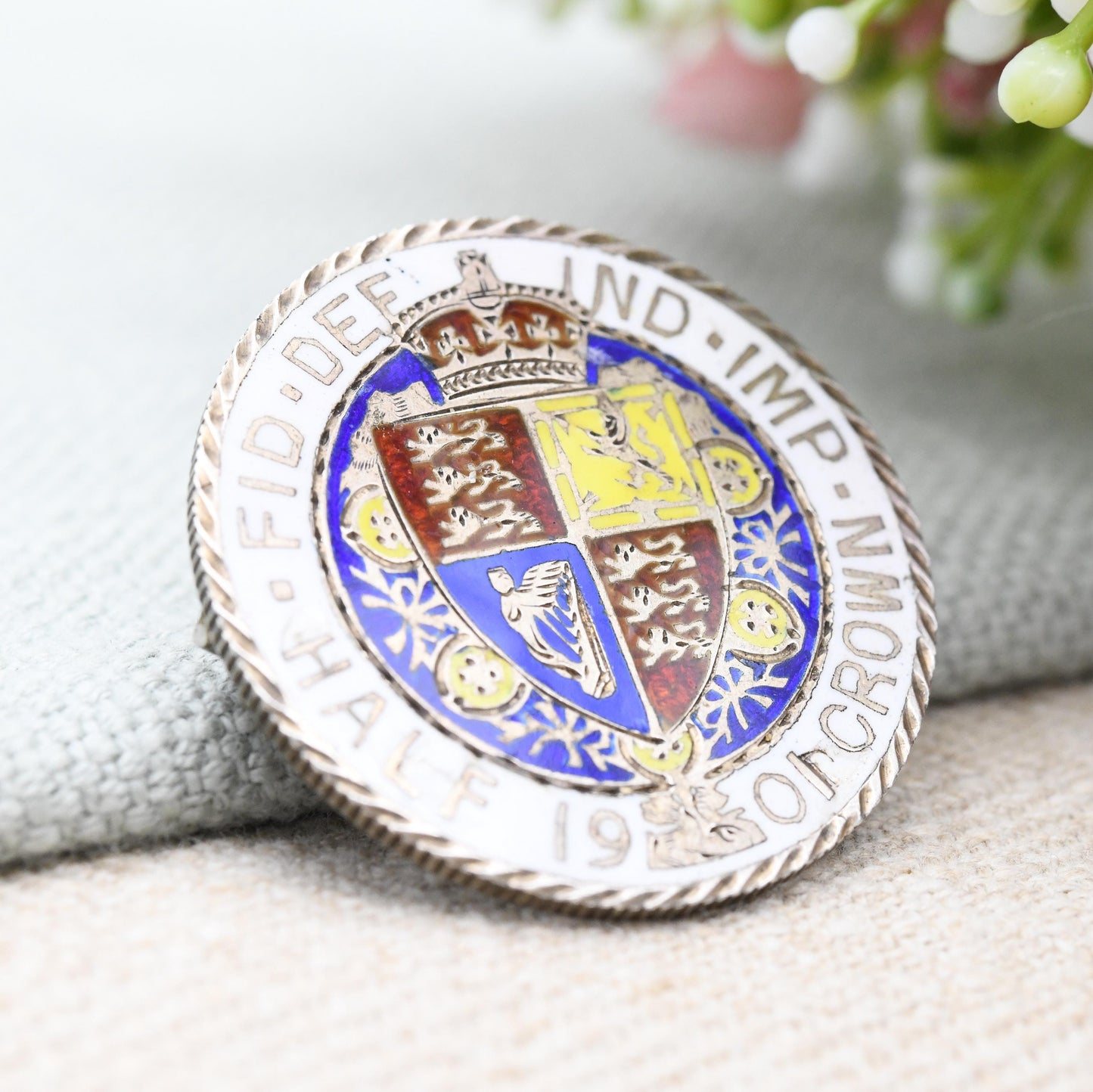Antique Sterling Silver 1901 Victoria Half Crown Enamel Coin Brooch - Bright Colourful Enamelled Coin Jewellery Hand Painted Shield Design
