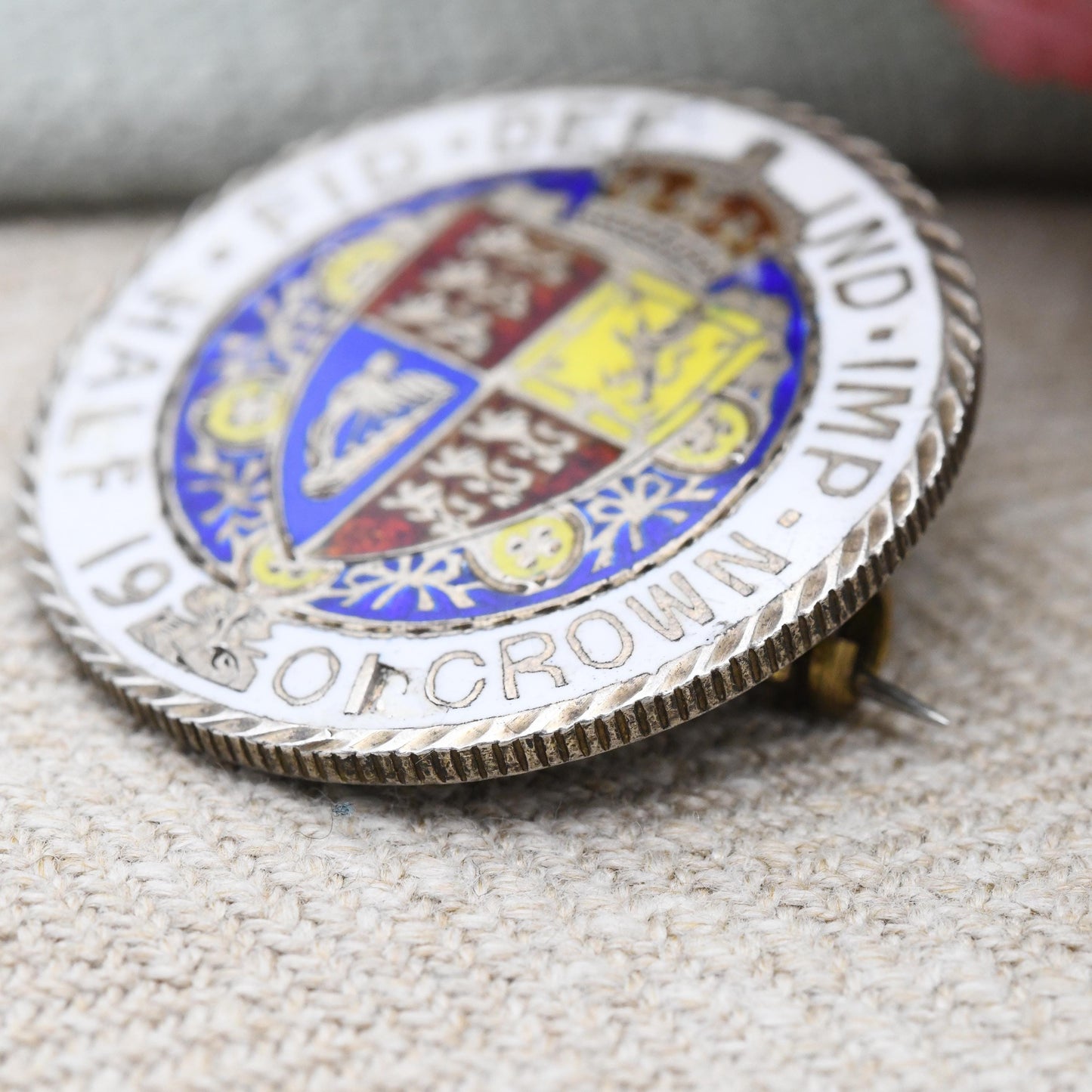 Antique Sterling Silver 1901 Victoria Half Crown Enamel Coin Brooch - Bright Colourful Enamelled Coin Jewellery Hand Painted Shield Design