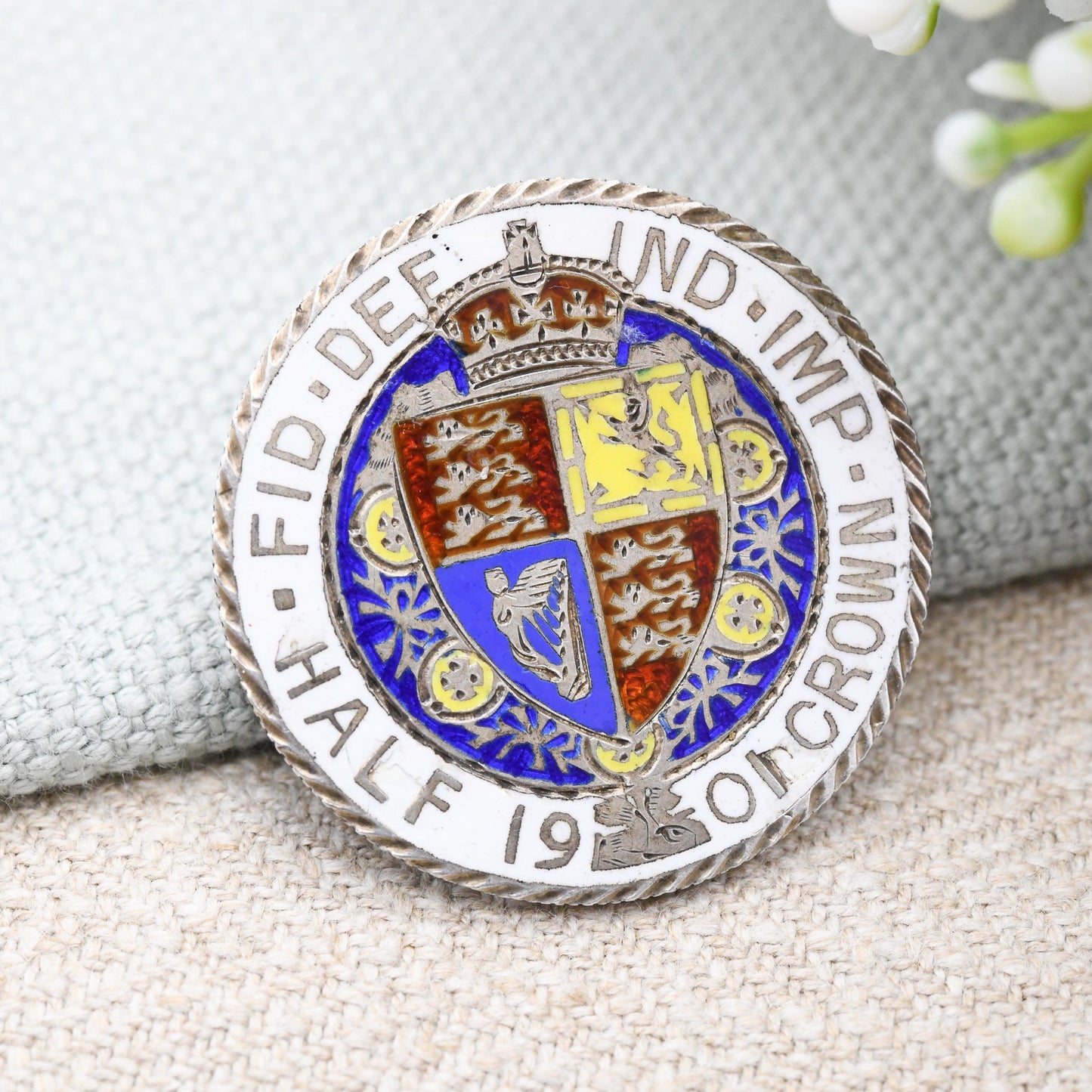 Antique Sterling Silver 1901 Victoria Half Crown Enamel Coin Brooch - Bright Colourful Enamelled Coin Jewellery Hand Painted Shield Design