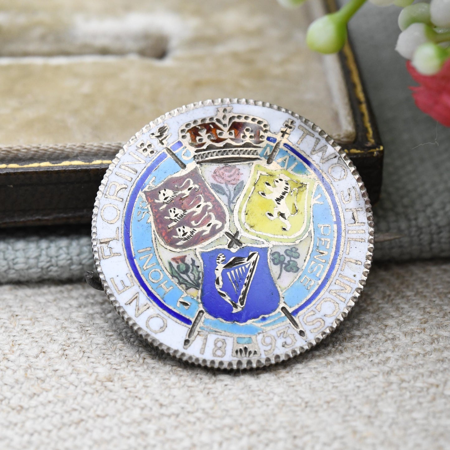 Antique Sterling Silver 1893 Victoria Two Shilling Coin Brooch One Florin - Colourful Enamel Coin Jewellery Painted Flowers Thistle Shield