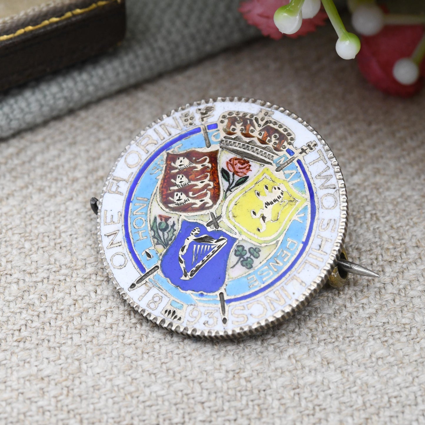 Antique Sterling Silver 1893 Victoria Two Shilling Coin Brooch One Florin - Colourful Enamel Coin Jewellery Painted Flowers Thistle Shield