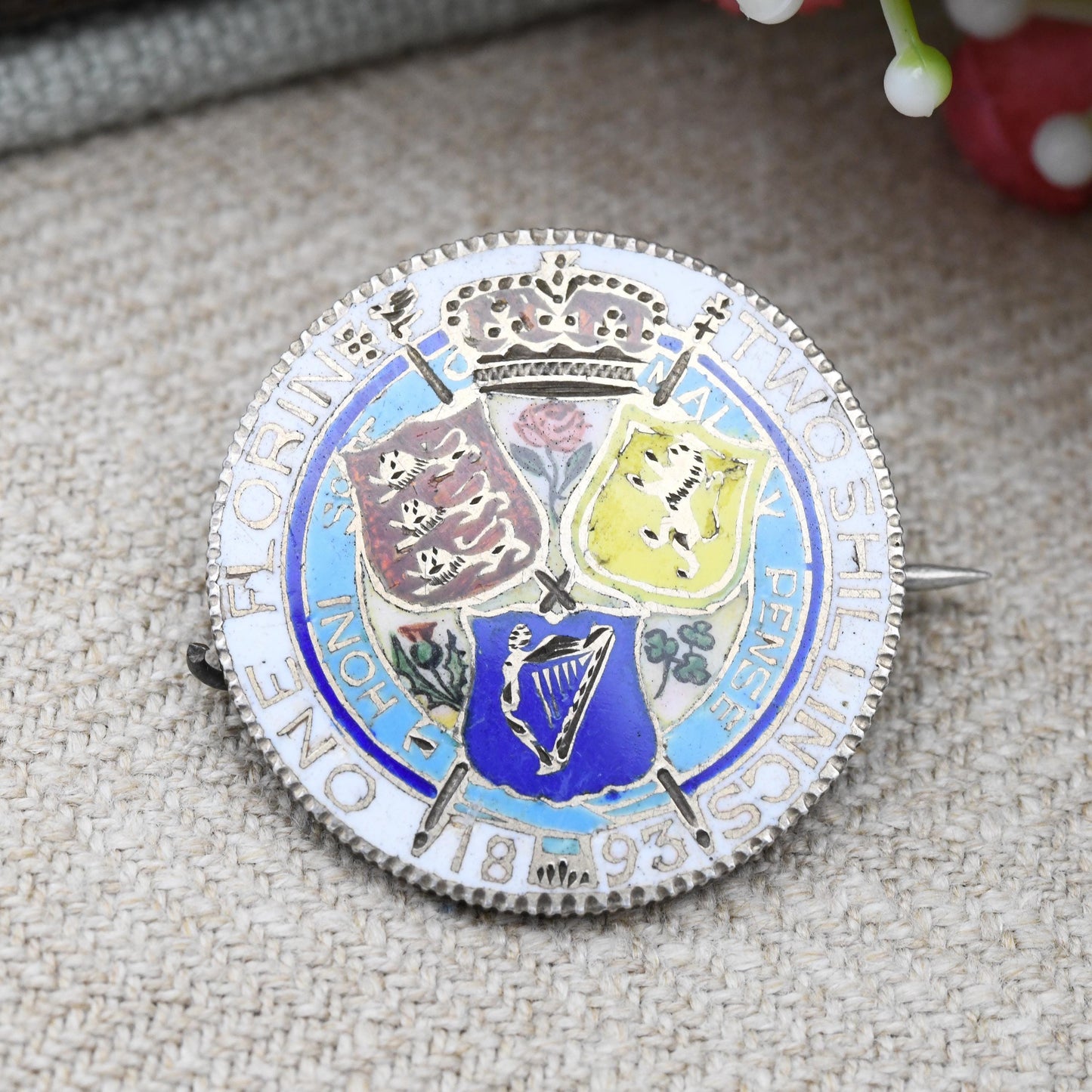 Antique Sterling Silver 1893 Victoria Two Shilling Coin Brooch One Florin - Colourful Enamel Coin Jewellery Painted Flowers Thistle Shield