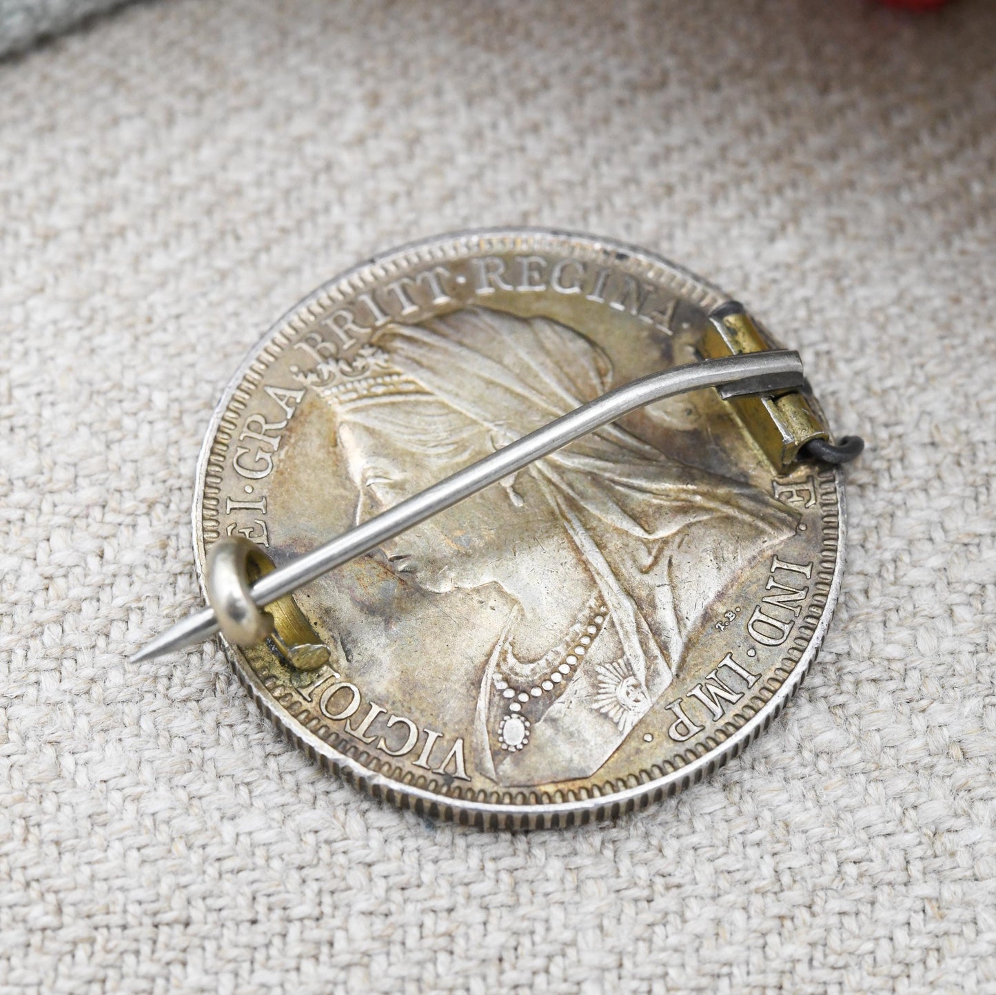 Antique Sterling Silver 1893 Victoria Two Shilling Coin Brooch One Florin - Colourful Enamel Coin Jewellery Painted Flowers Thistle Shield