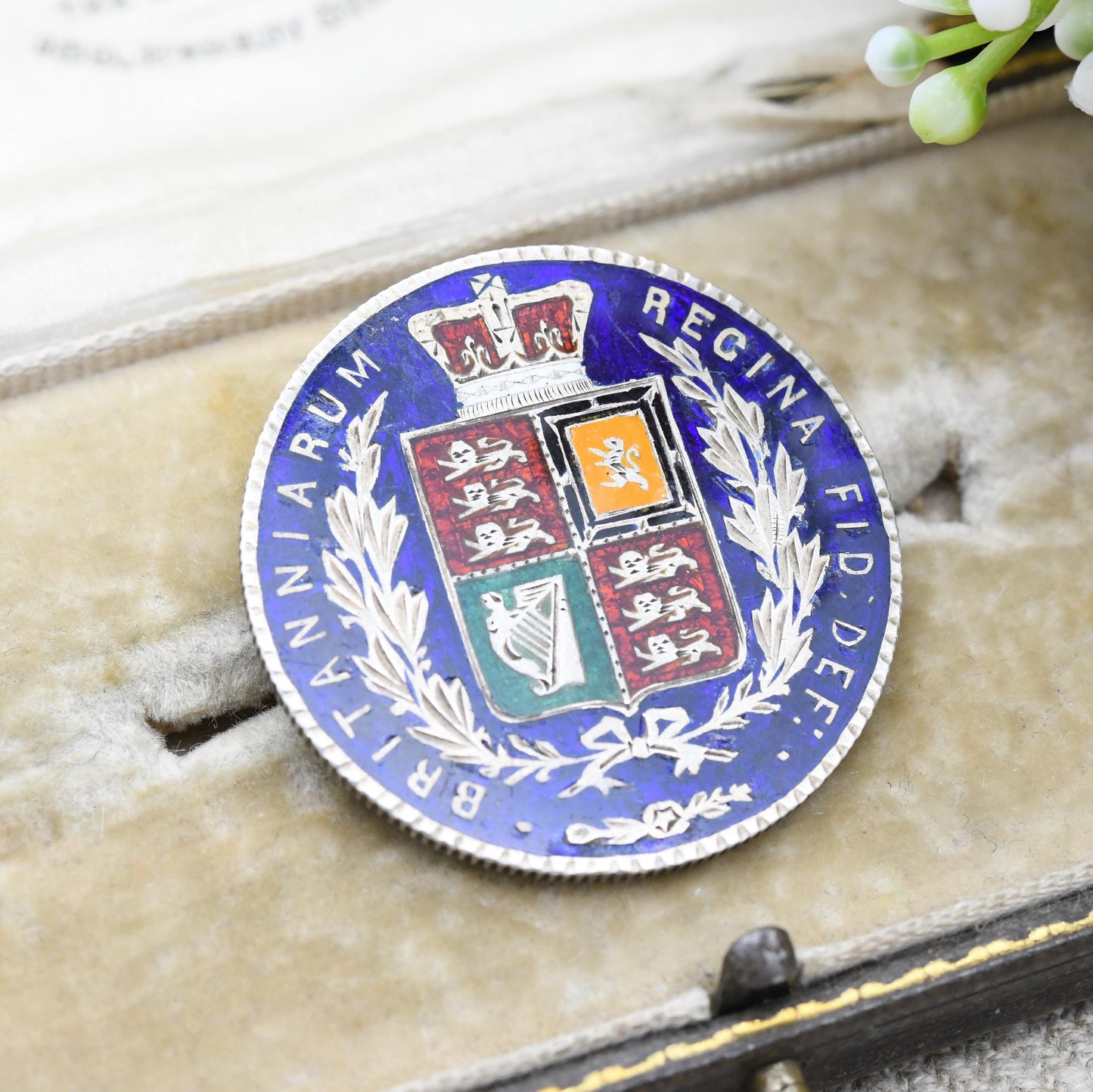 Antique Sterling Silver 1881 Victoria Half Crown Coin Brooch - Colourful Enamel Coin Jewellery Large Blue Shield Flags Design Young Head