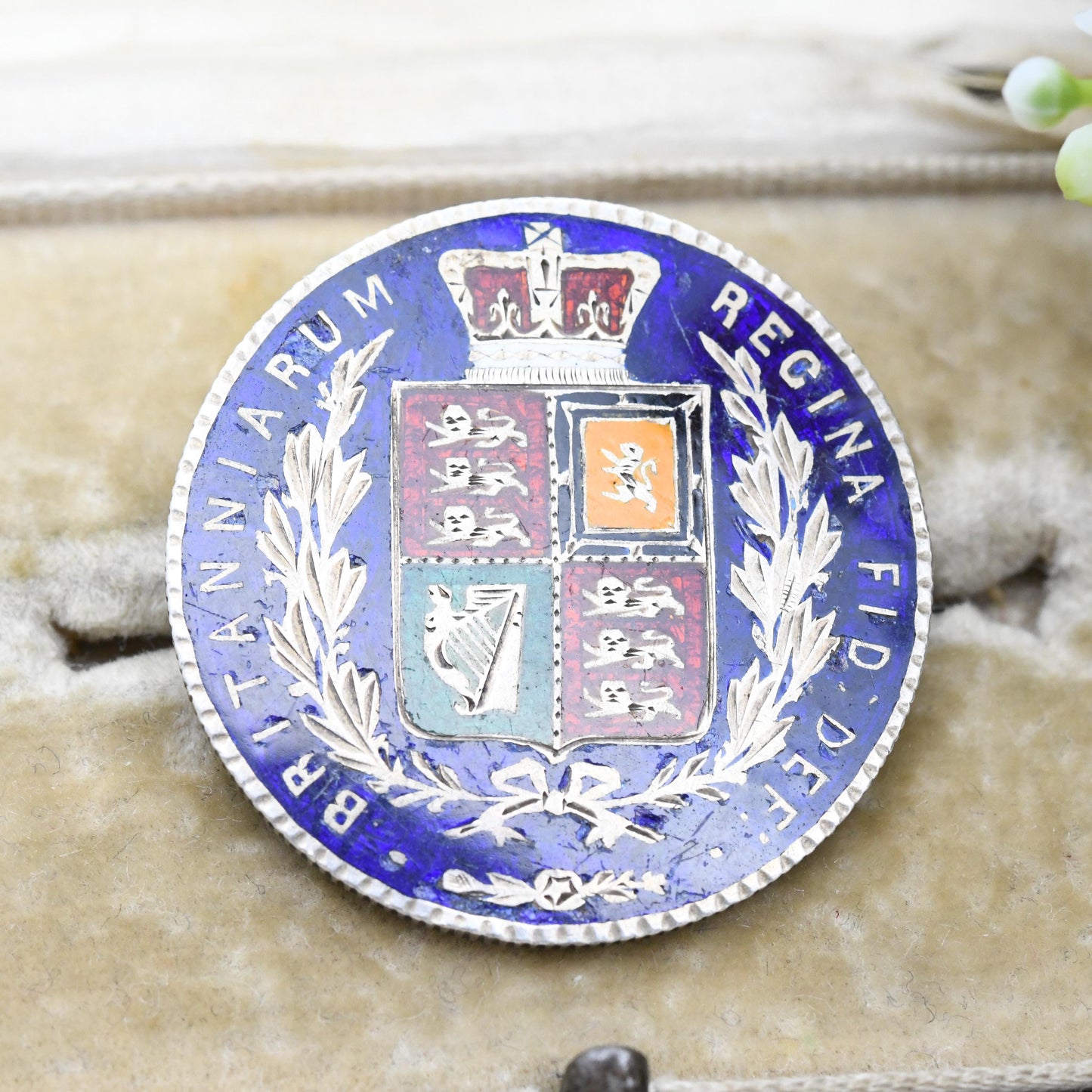 Antique Sterling Silver 1881 Victoria Half Crown Coin Brooch - Colourful Enamel Coin Jewellery Large Blue Shield Flags Design Young Head