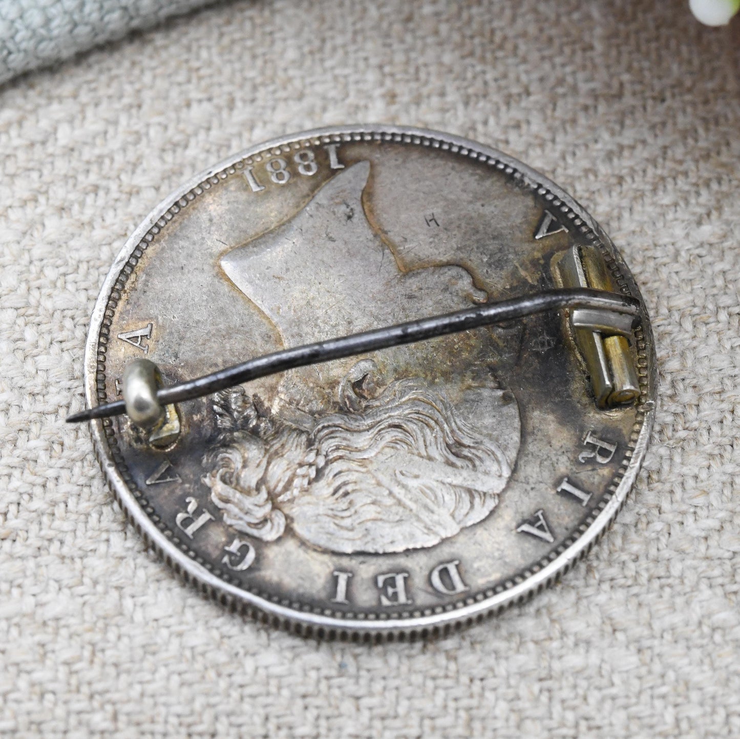 Antique Sterling Silver 1881 Victoria Half Crown Coin Brooch - Colourful Enamel Coin Jewellery Large Blue Shield Flags Design Young Head