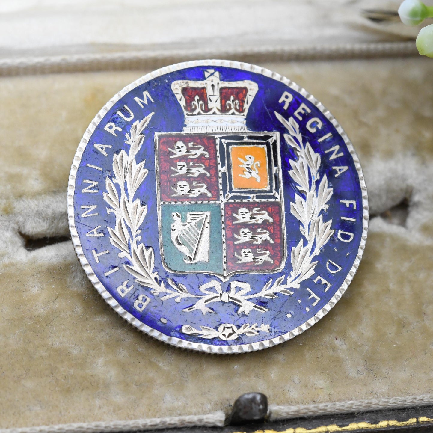 Antique Sterling Silver 1881 Victoria Half Crown Coin Brooch - Colourful Enamel Coin Jewellery Large Blue Shield Flags Design Young Head