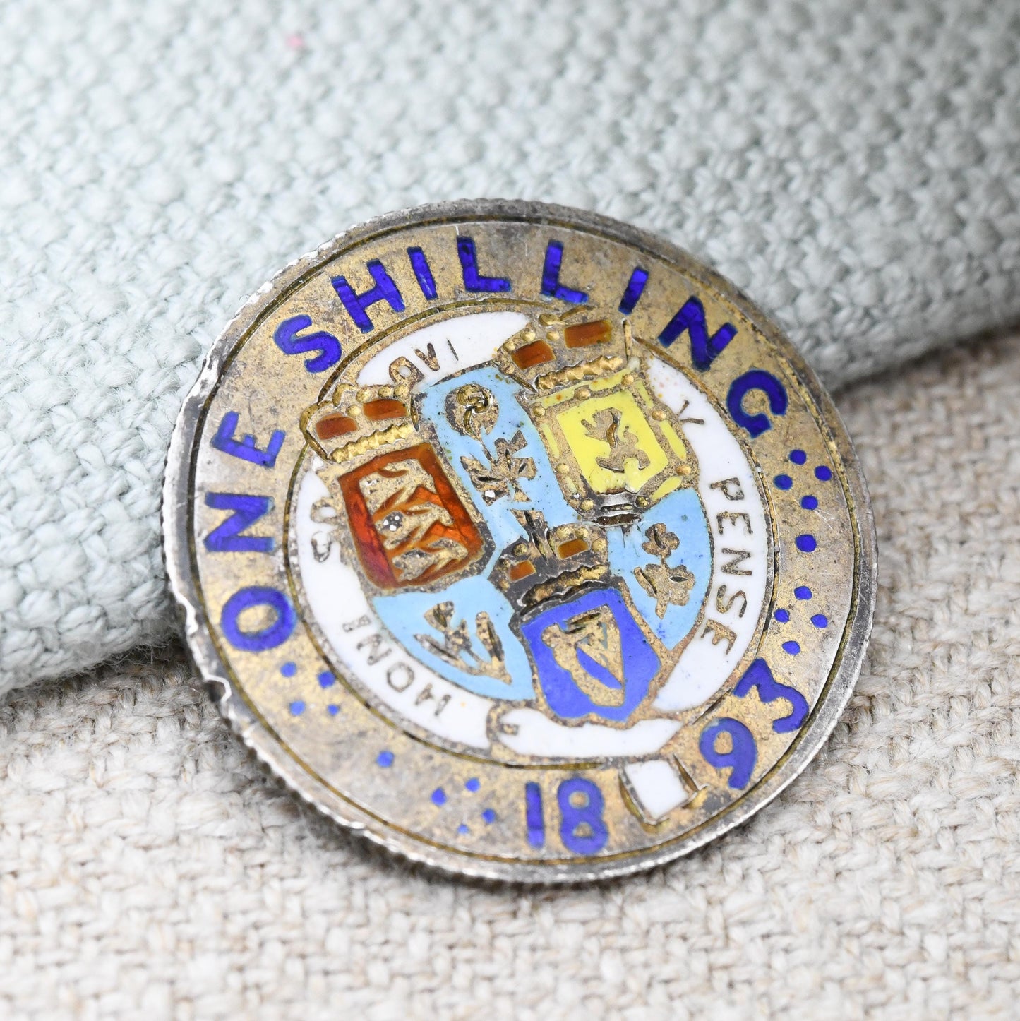 Antique Sterling Silver Enamelled 1893 Victoria One Shilling Coin - Colourful Enamel Coin Jewellery Honi Soit Qui Mal Y Pense Shield Design