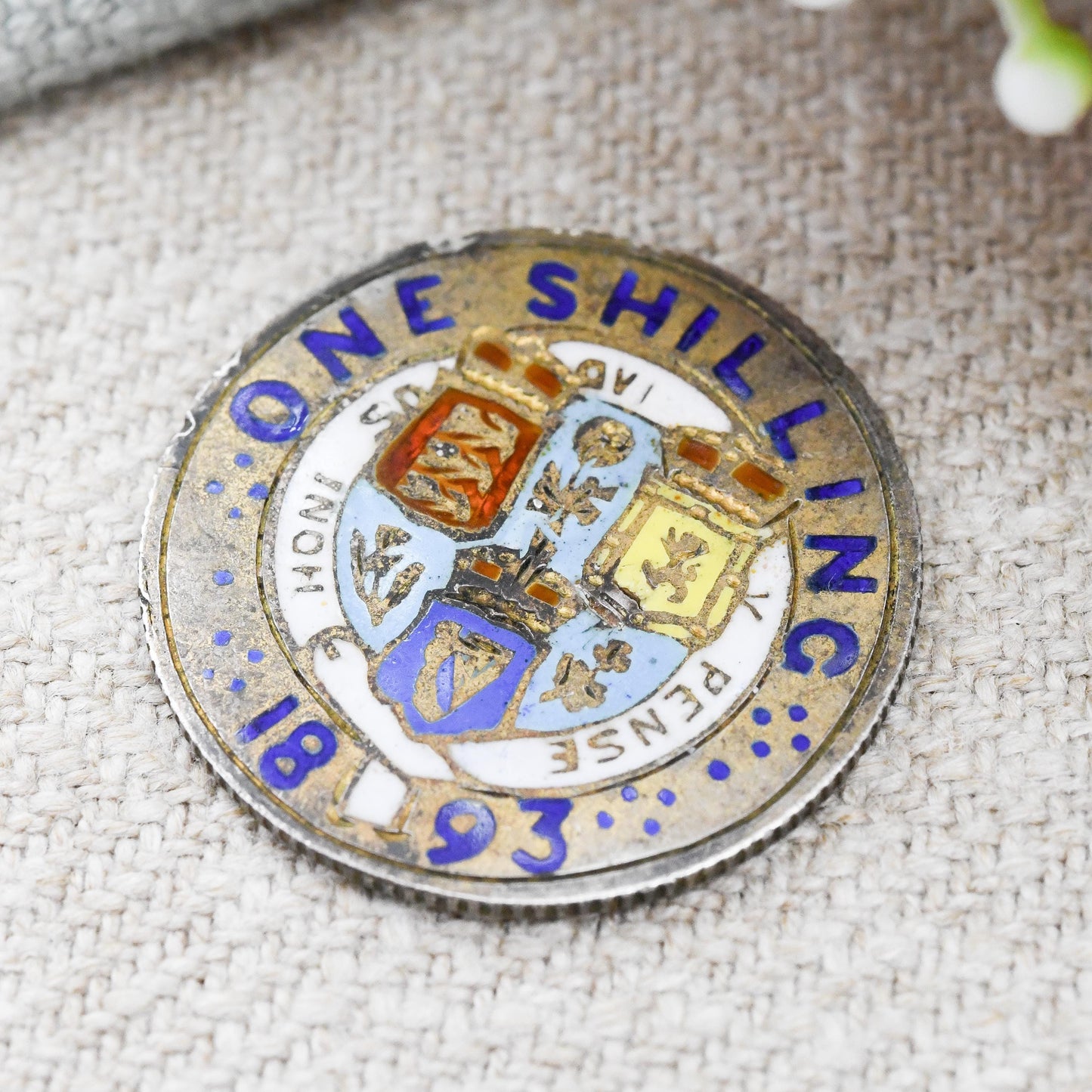 Antique Sterling Silver Enamelled 1893 Victoria One Shilling Coin - Colourful Enamel Coin Jewellery Honi Soit Qui Mal Y Pense Shield Design