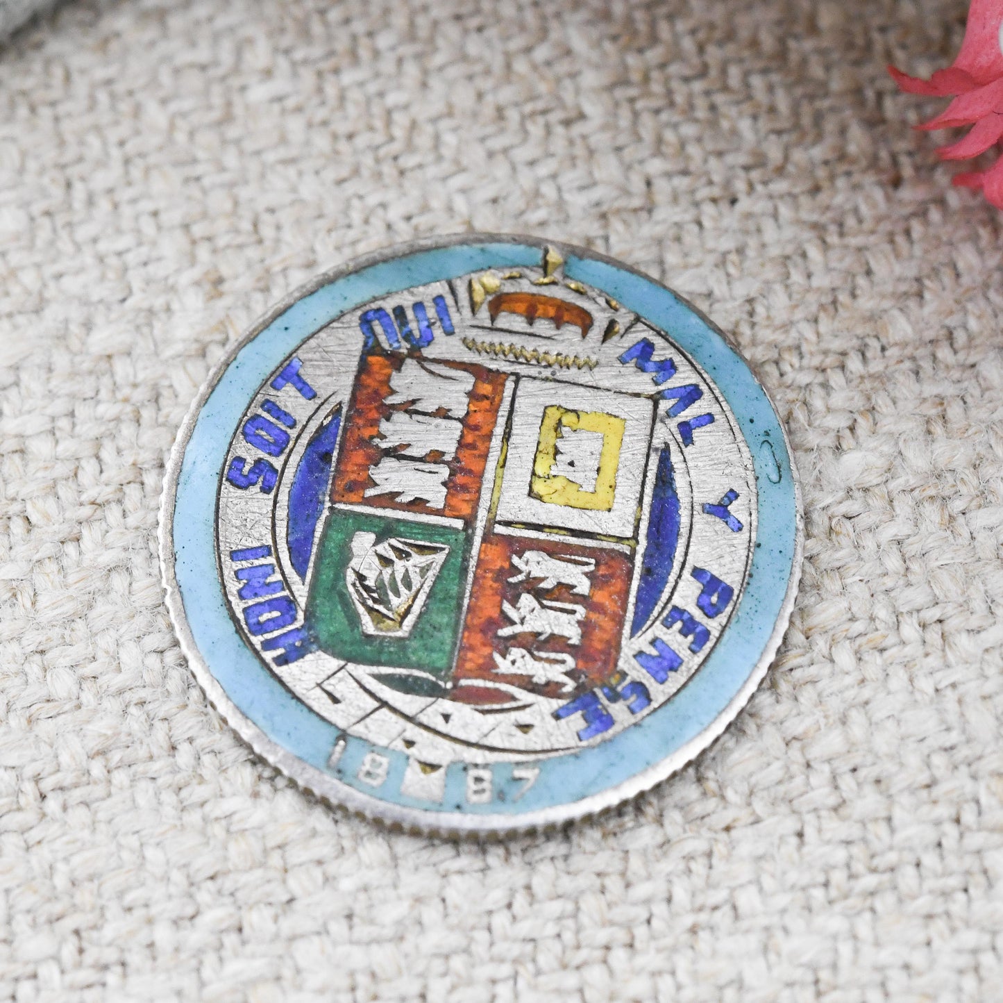 Antique Enamelled Sterling Silver 1887 Victoria Sixpence Coin - Colourful Enamel Coin Jewellery Honi Soit Qui Mal Y Pense Shield Design Coin