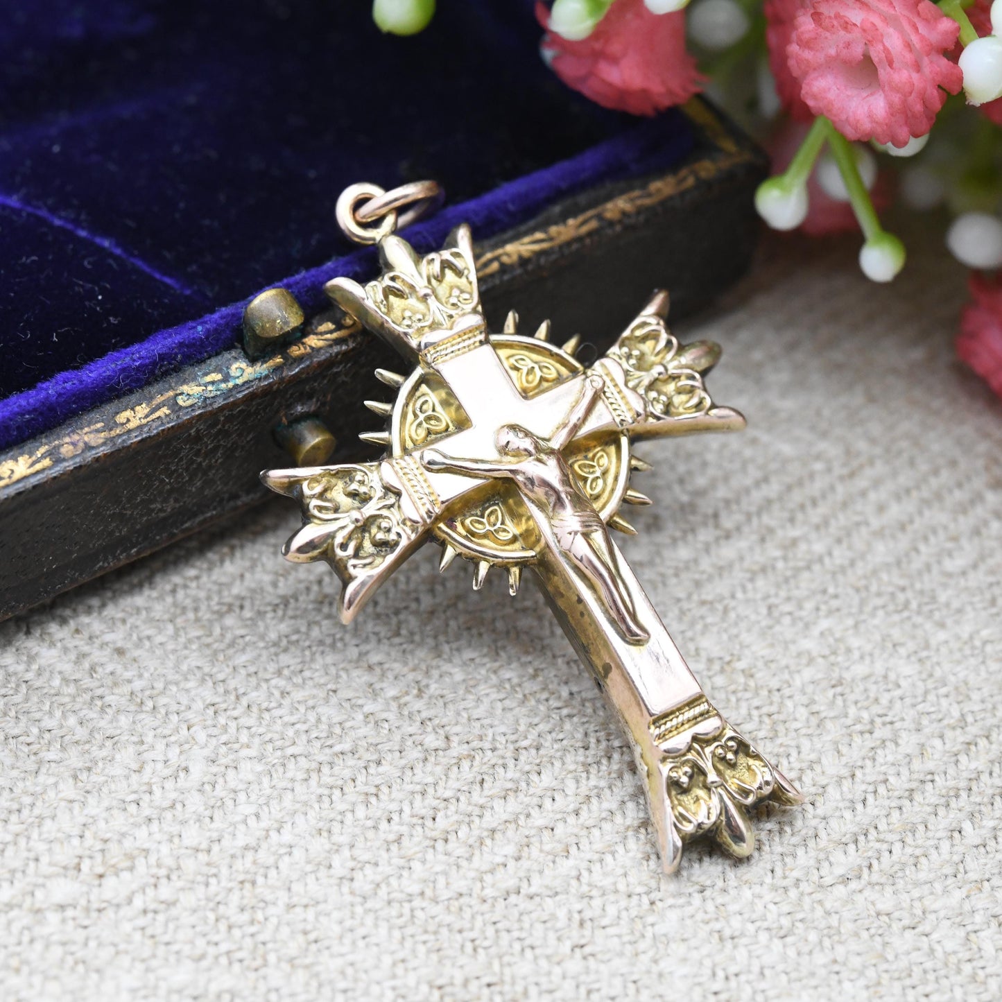 Antique 9ct Gold Jesus on the Cross Pendant Ornate Design - Christening Baptism Gift | Victorian Antique Rose Gold | Large 3D Puffed Design