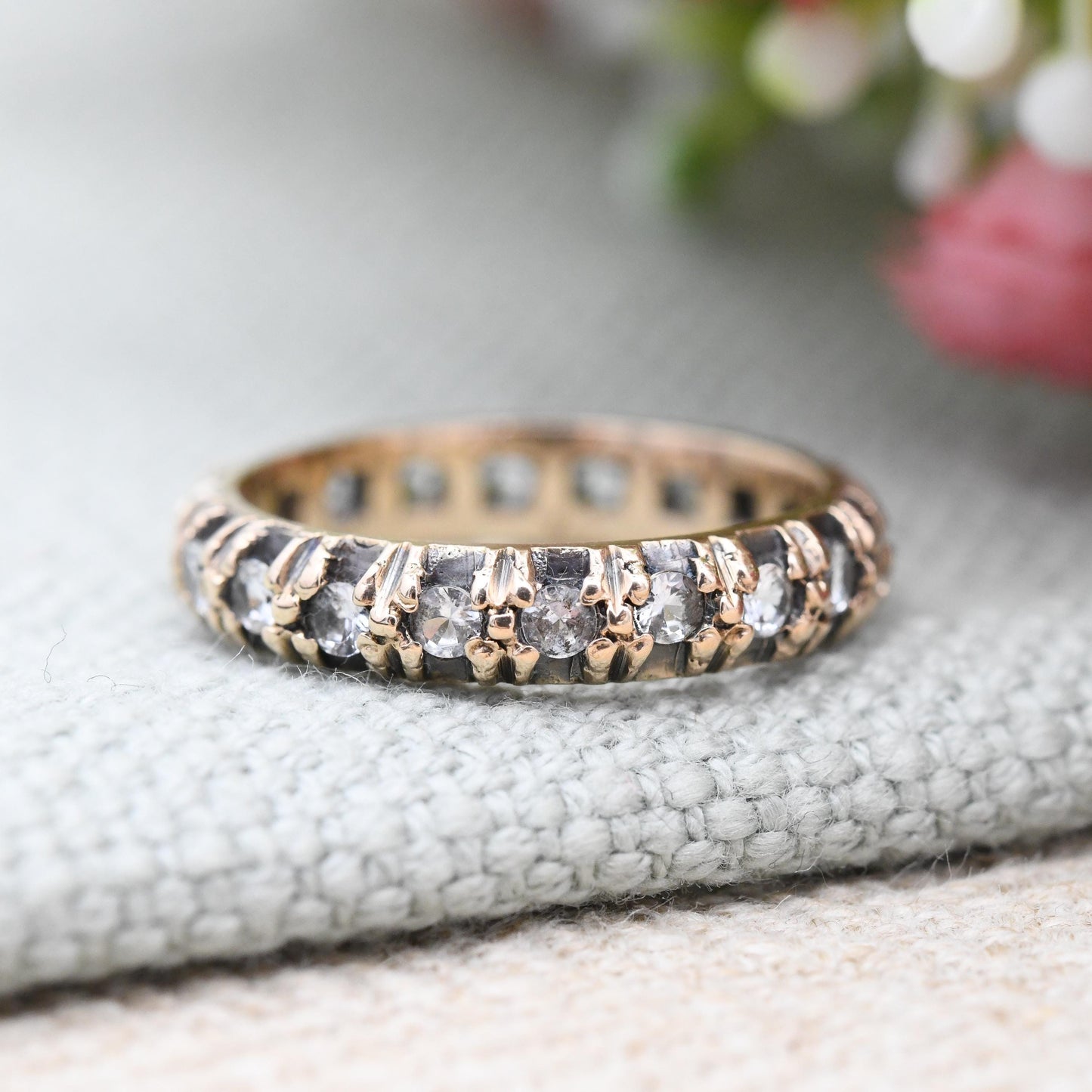 Antique 9ct Gold Eternity Band Ring with Clear Paste Stones - Full Eternity Engagement Wedding Stacker Ring | UK Size - L | US Size - 5 3/4