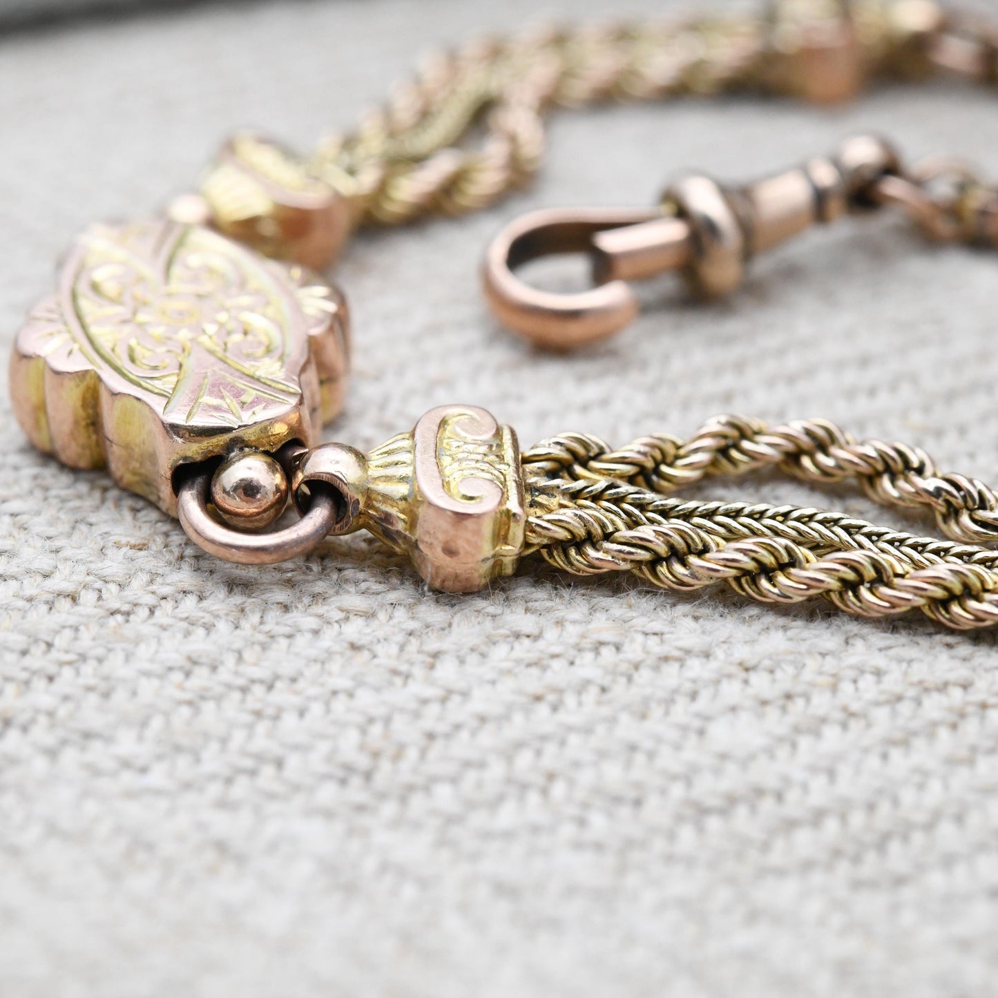 Antique Victorian 9ct Gold Albertina Chain Bracelet with Dog Clip and T-Bar - Fancy Link Rope Twist Watch Chain Hand Engraved Pretty Gift