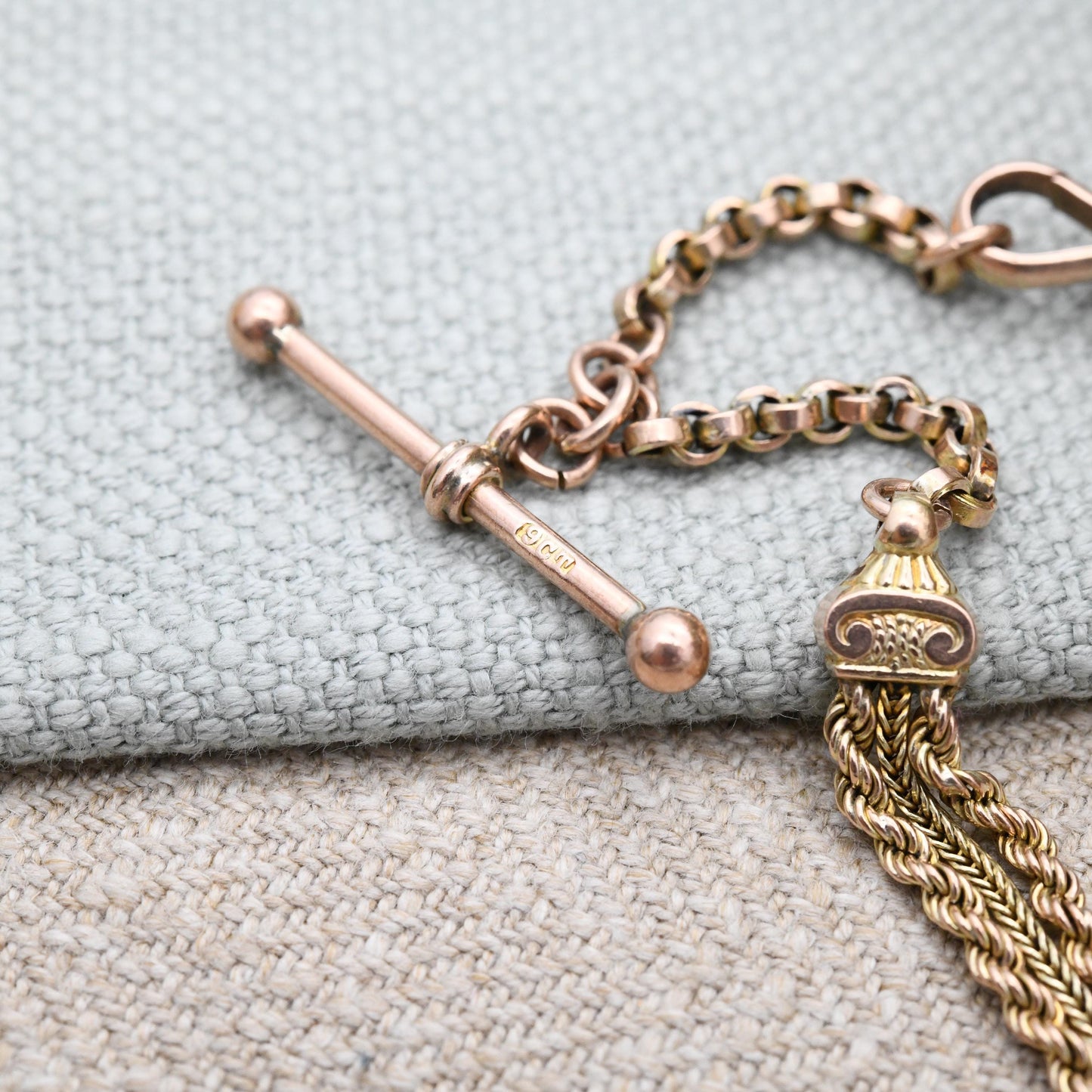 Antique Victorian 9ct Gold Albertina Chain Bracelet with Dog Clip and T-Bar - Fancy Link Rope Twist Watch Chain Hand Engraved Pretty Gift