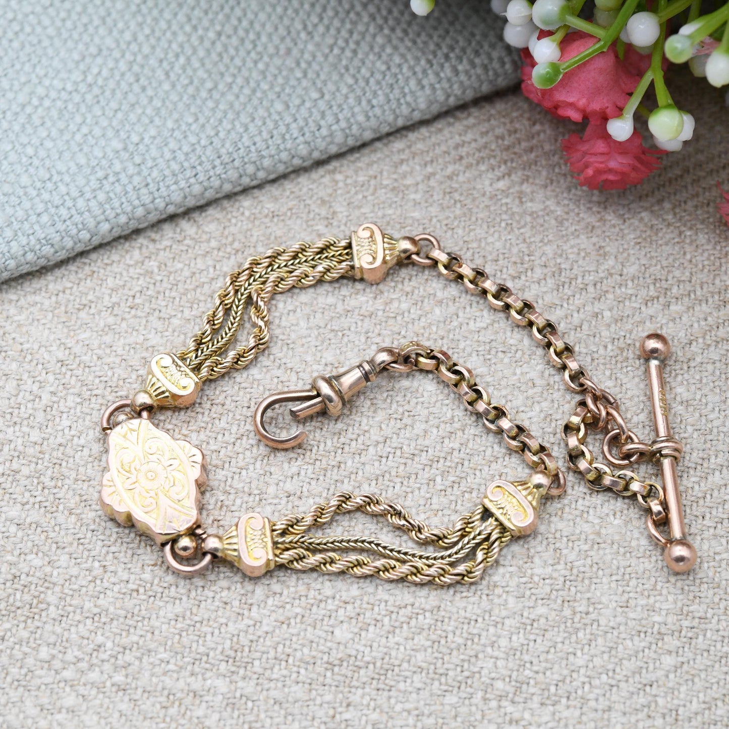 Antique Victorian 9ct Gold Albertina Chain Bracelet with Dog Clip and T-Bar - Fancy Link Rope Twist Watch Chain Hand Engraved Pretty Gift