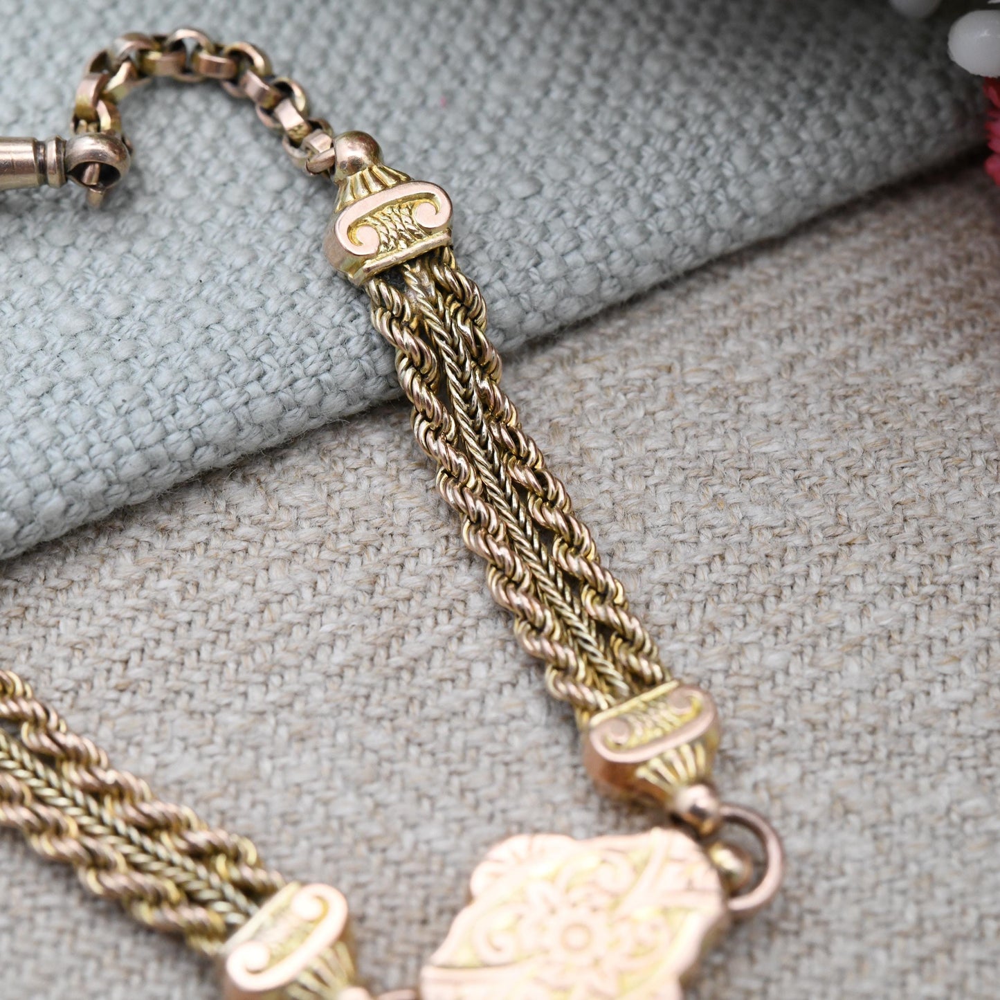 Antique Victorian 9ct Gold Albertina Chain Bracelet with Dog Clip and T-Bar - Fancy Link Rope Twist Watch Chain Hand Engraved Pretty Gift