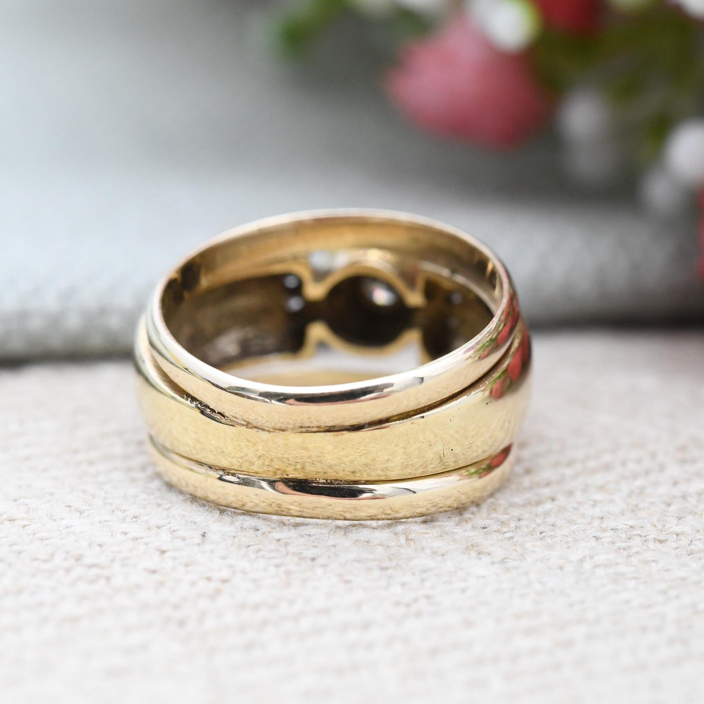 Vintage 9ct Gold Diamond Ring by Beemill Chunky Solitaire with Side Stones - Unusual Pinkie Ring Wide Band | UK Size - K | US Size - 5 1/4