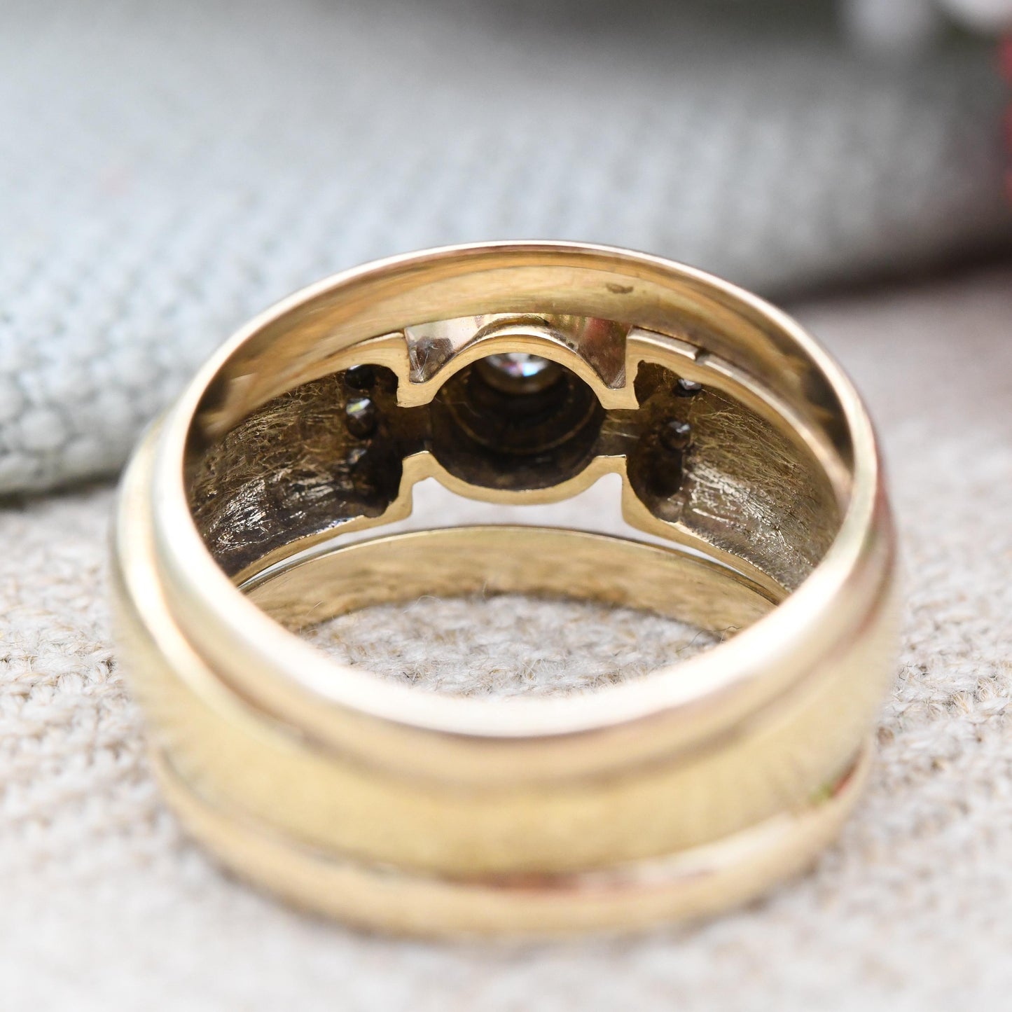 Vintage 9ct Gold Diamond Ring by Beemill Chunky Solitaire with Side Stones - Unusual Pinkie Ring Wide Band | UK Size - K | US Size - 5 1/4