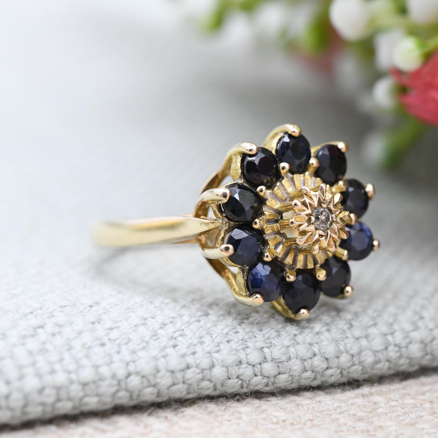 Vintage 9ct Gold Diamond Sapphire Flower Cluster Ring 1980 - Statement Cocktail Deep Blue Floral Ring Gift | UK Size - N | US Size - 6 1/2