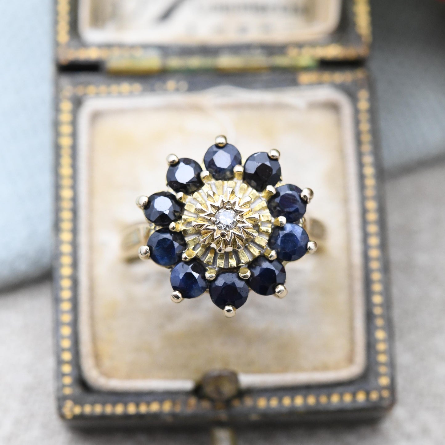 Vintage 9ct Gold Diamond Sapphire Flower Cluster Ring 1980 - Statement Cocktail Deep Blue Floral Ring Gift | UK Size - N | US Size - 6 1/2