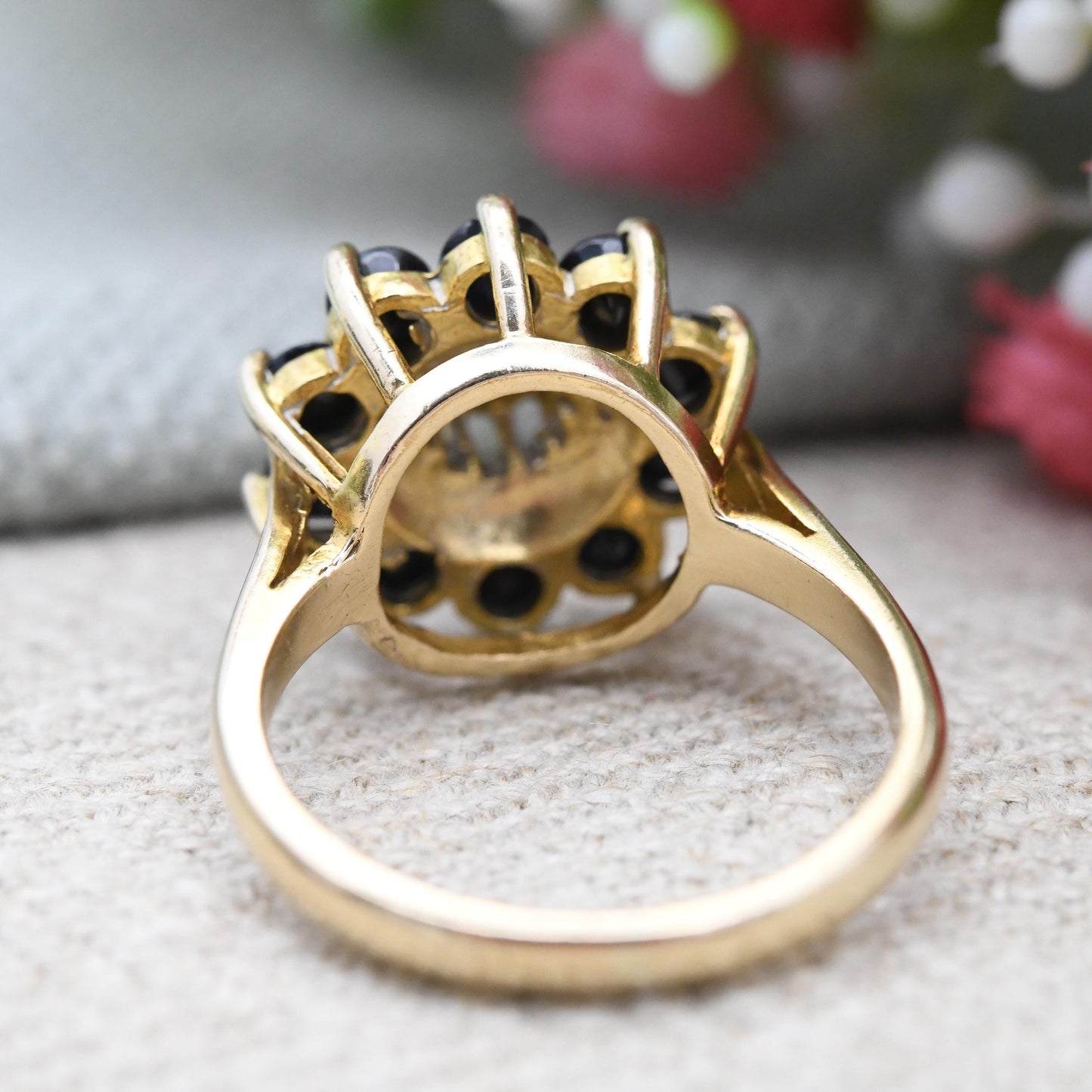 Vintage 9ct Gold Diamond Sapphire Flower Cluster Ring 1980 - Statement Cocktail Deep Blue Floral Ring Gift | UK Size - N | US Size - 6 1/2