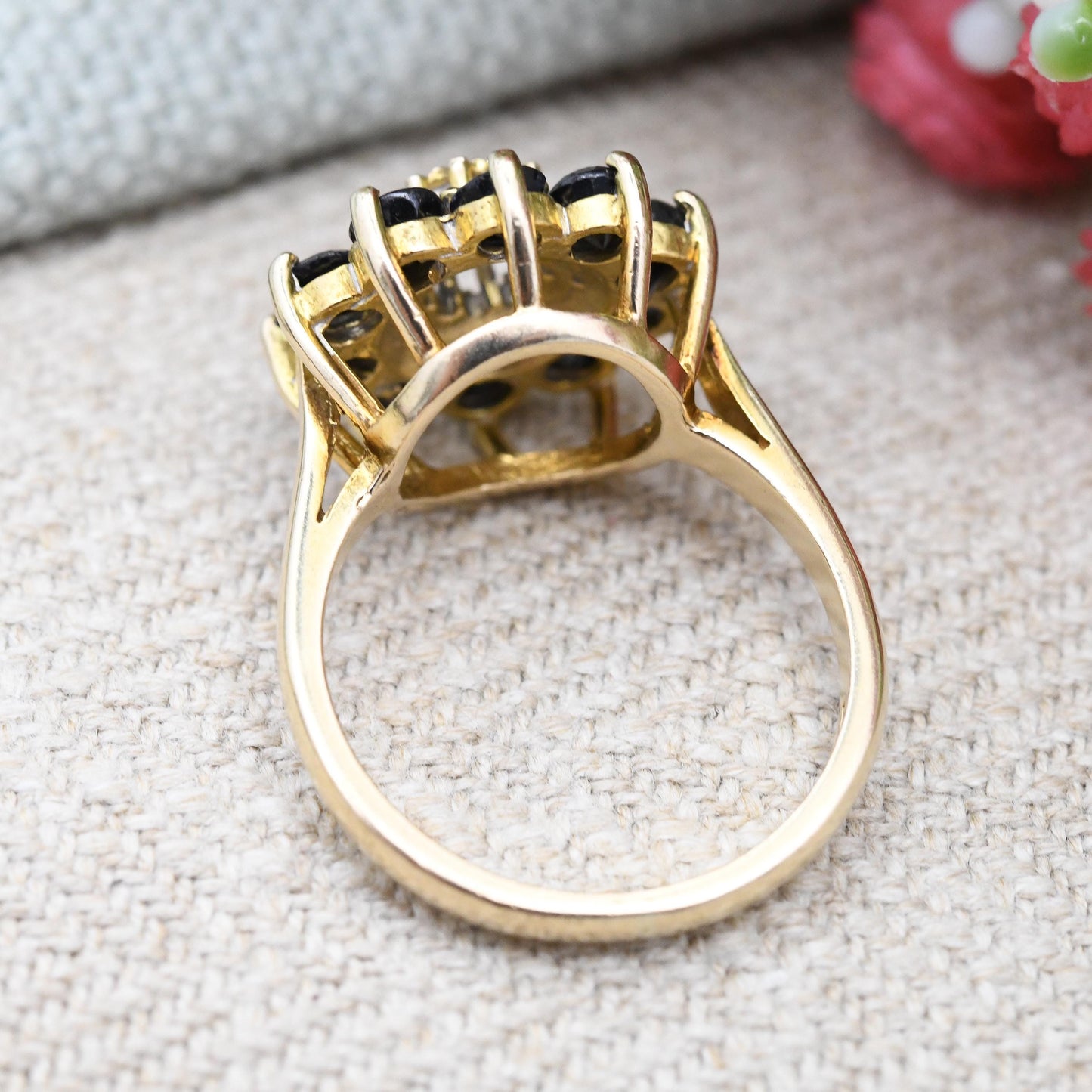 Vintage 9ct Gold Diamond Sapphire Flower Cluster Ring 1980 - Statement Cocktail Deep Blue Floral Ring Gift | UK Size - N | US Size - 6 1/2