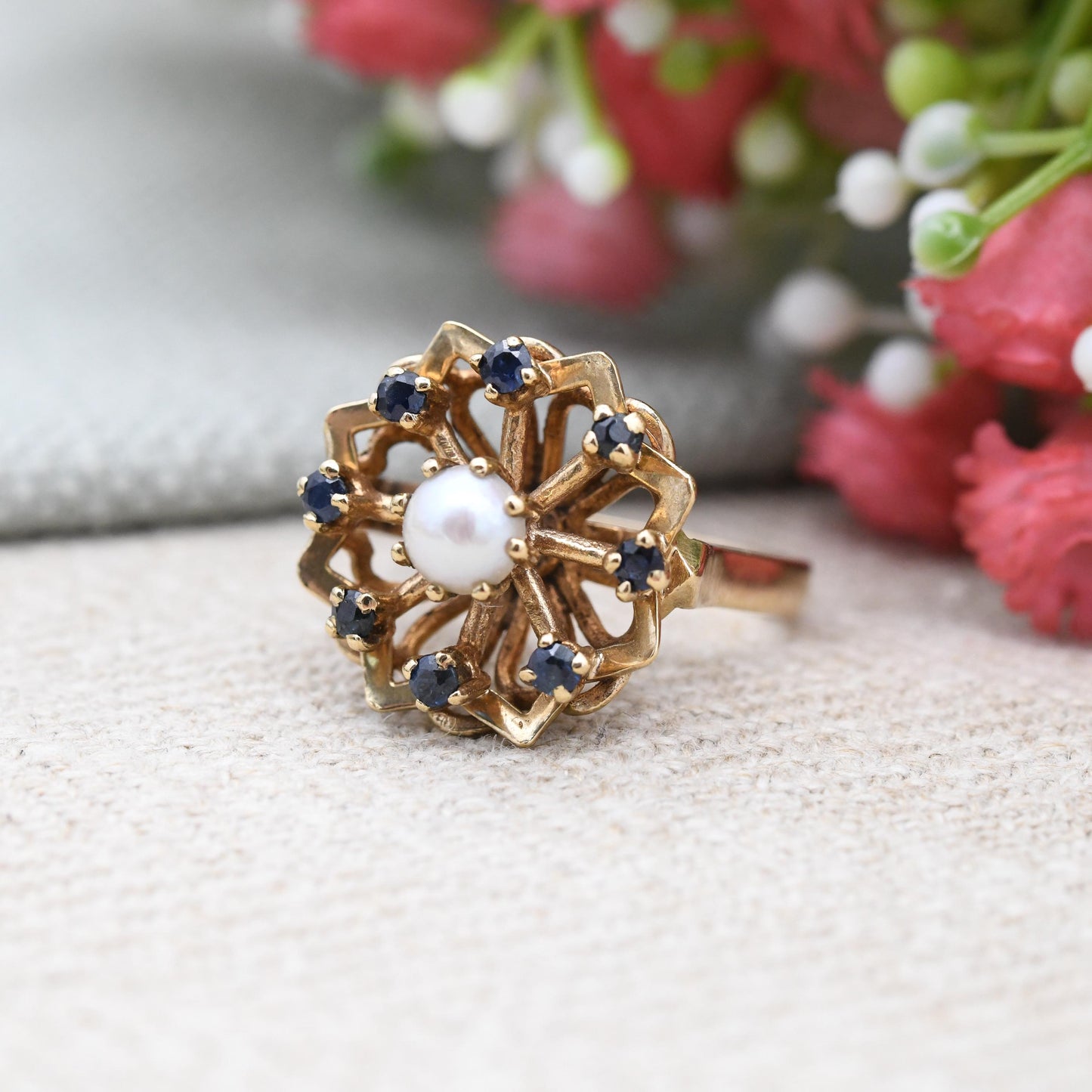 Vintage 9ct Gold Sapphire Pearl Flower Cocktail Ring 1966 Slade and Kempton S&K - White Blue Ring Gift | UK Size - K 1/2 | US Size - 5 1/2