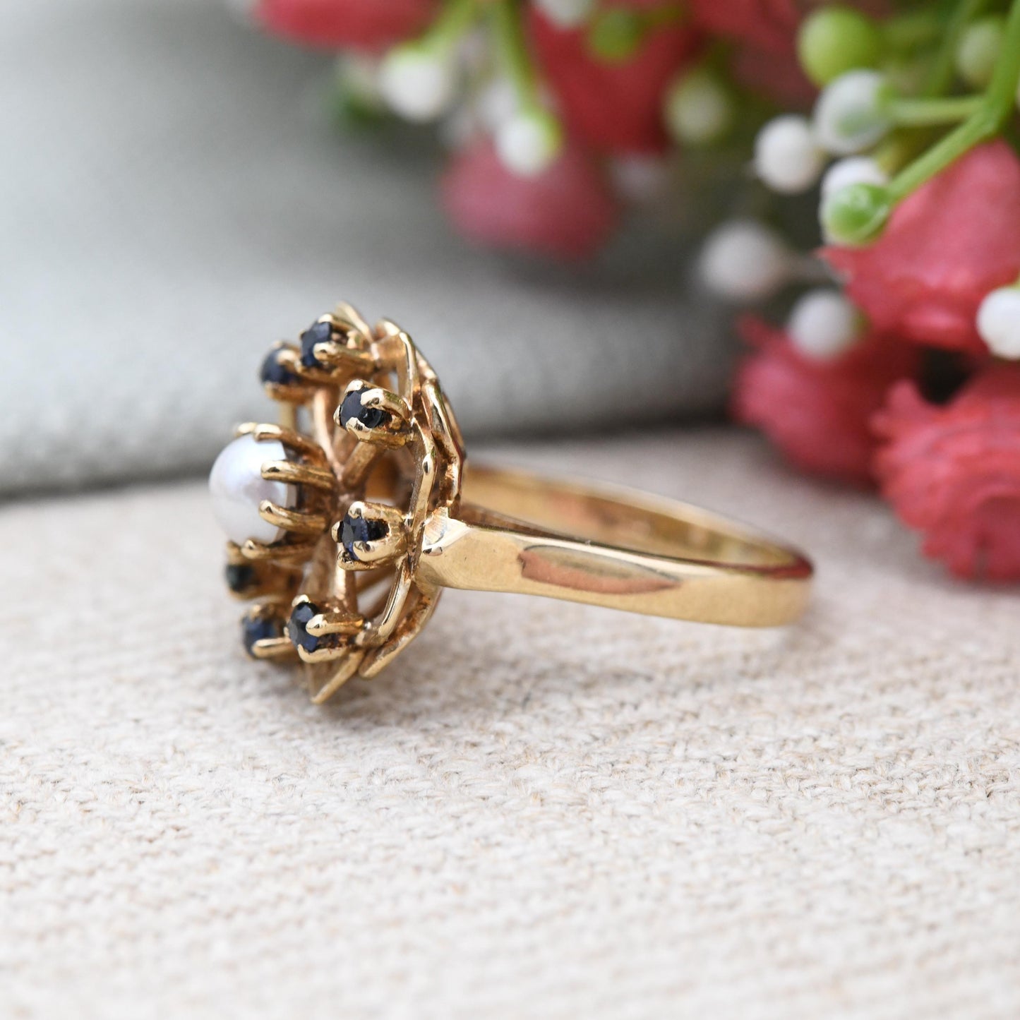 Vintage 9ct Gold Sapphire Pearl Flower Cocktail Ring 1966 Slade and Kempton S&K - White Blue Ring Gift | UK Size - K 1/2 | US Size - 5 1/2