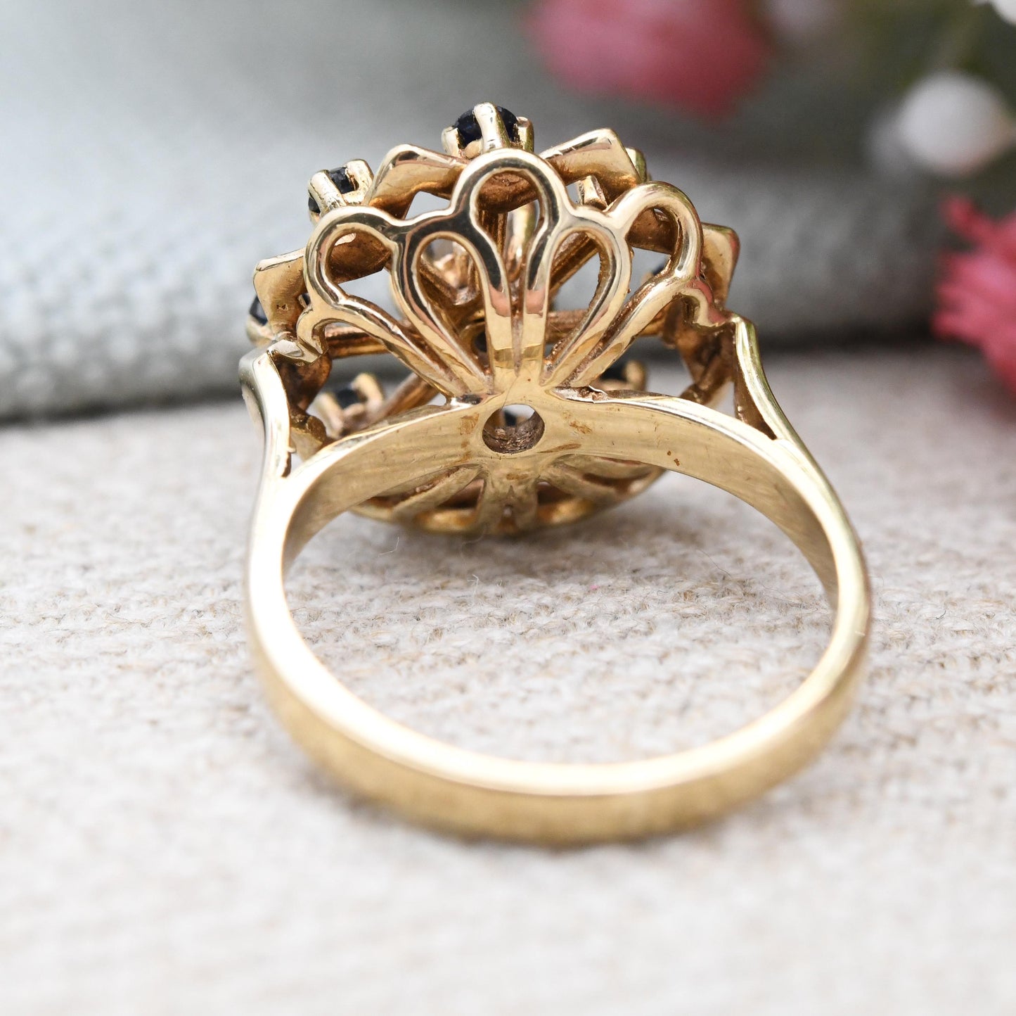 Vintage 9ct Gold Sapphire Pearl Flower Cocktail Ring 1966 Slade and Kempton S&K - White Blue Ring Gift | UK Size - K 1/2 | US Size - 5 1/2