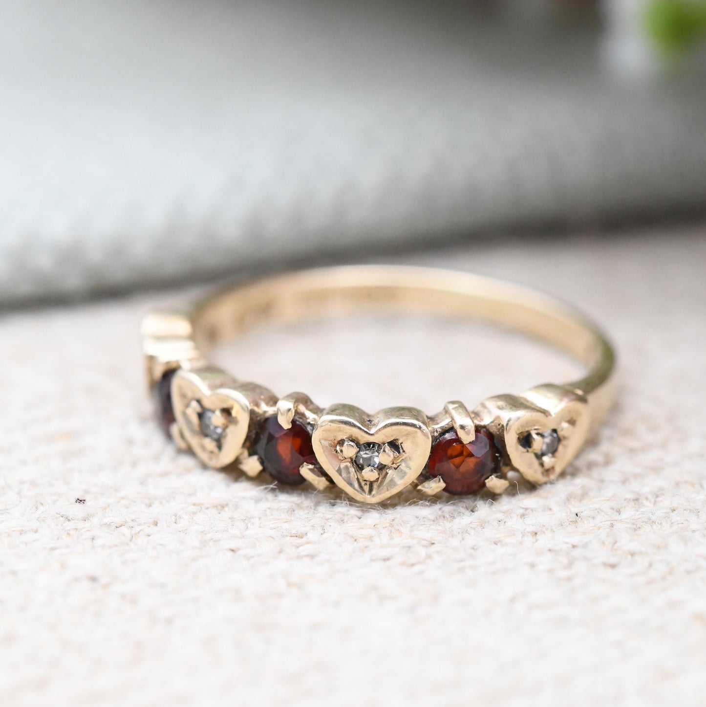 Vintage 9ct Gold Garnet Diamond Half Eternity Heart Band Ring 1981 - Mid-Century Love Heart Stacker Ring | UK Size - L | US Size - 5 3/4