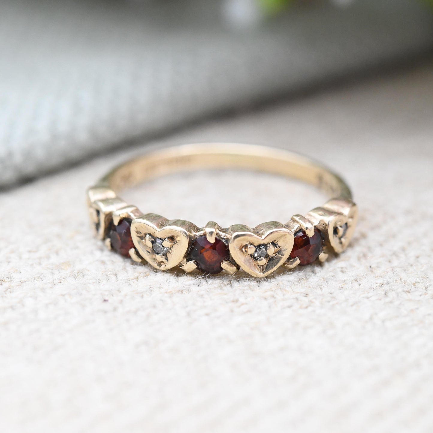 Vintage 9ct Gold Garnet Diamond Half Eternity Heart Band Ring 1981 - Mid-Century Love Heart Stacker Ring | UK Size - L | US Size - 5 3/4
