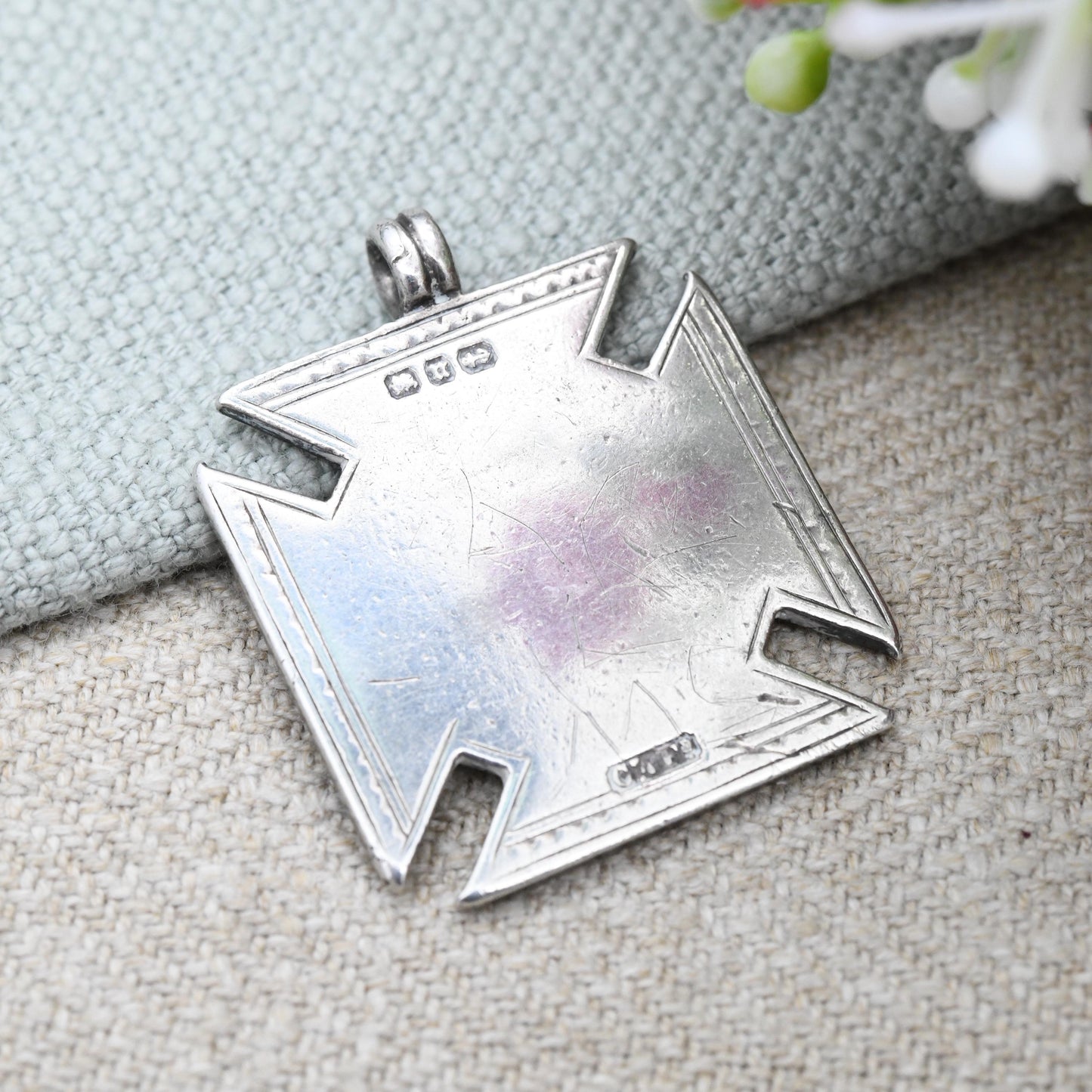 Antique Sterling Silver Watch Fob Pendant Engraved with Ivy Leaves 1887 - Victorian Square Cross Solid Silver Jewellery Floral Gift Shield