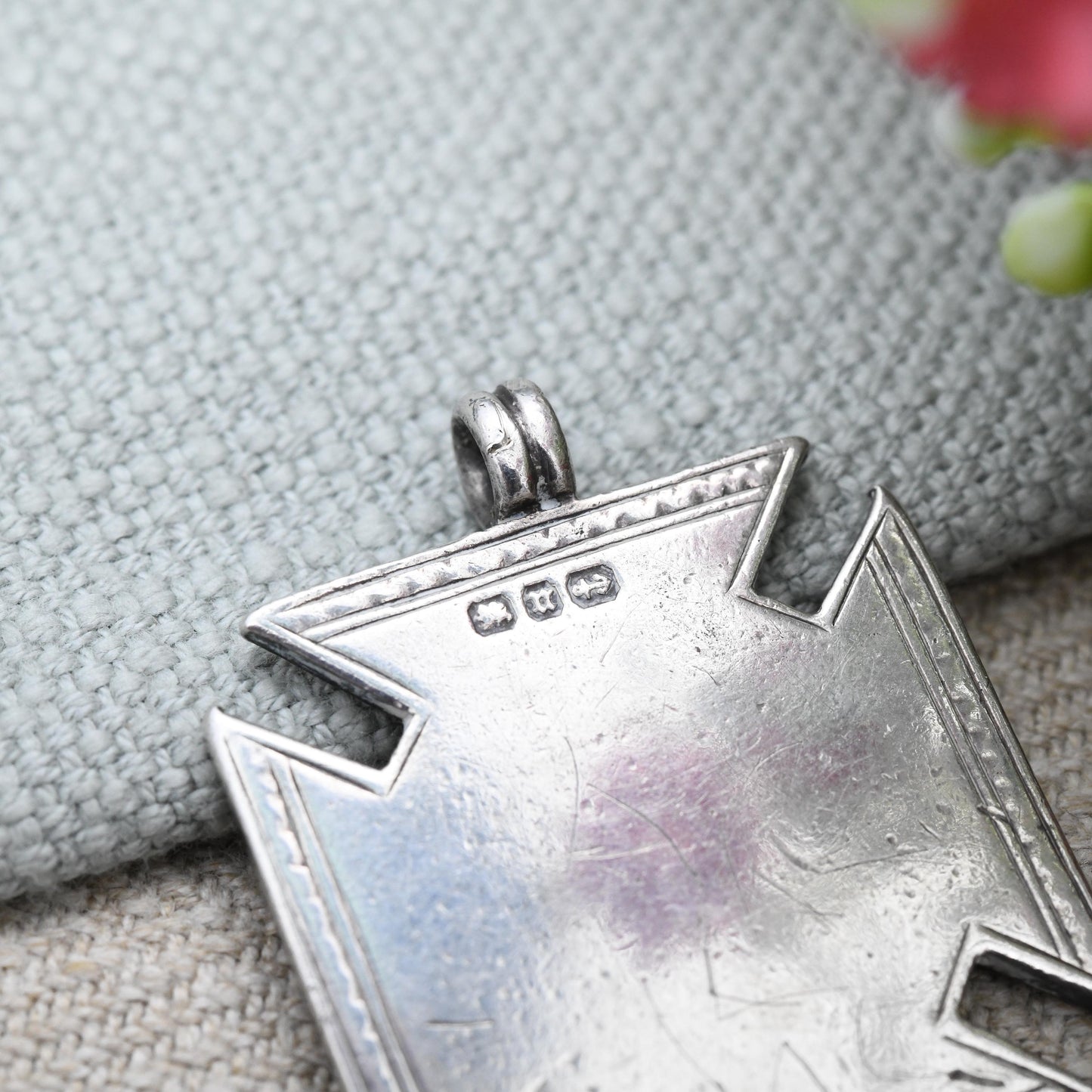 Antique Sterling Silver Watch Fob Pendant Engraved with Ivy Leaves 1887 - Victorian Square Cross Solid Silver Jewellery Floral Gift Shield