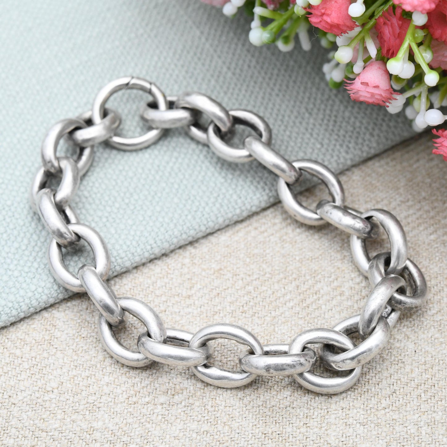 Antique Victorian Silver Cable Link Bracelet - Large Chunky Chain Bracelet Hollow Silver Oversized Spring Ring Clasp | Length 22.5cm