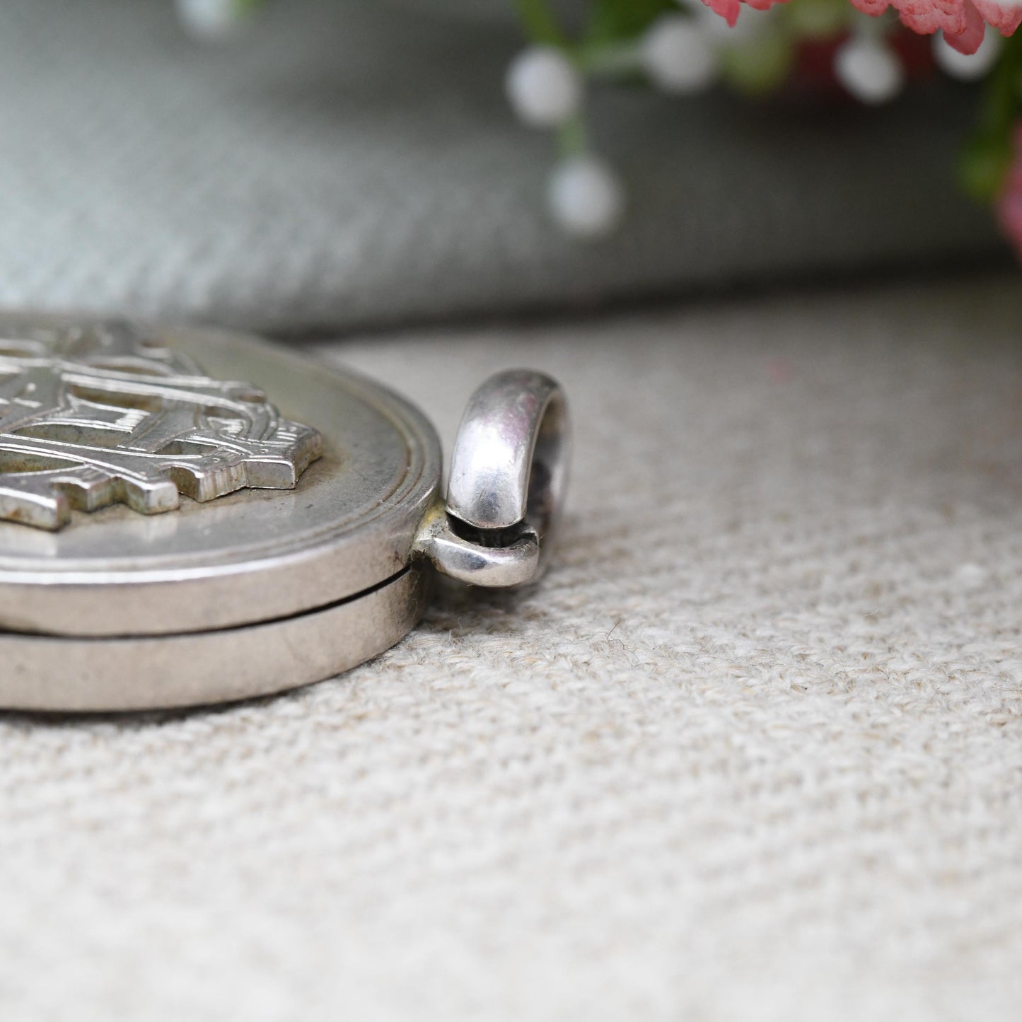 Antique Victorian Monogram Sterling Silver Locket with Interwoven Letter Design AIE - Oval Pendant Engraved Fancy Initials Sentimental Gift