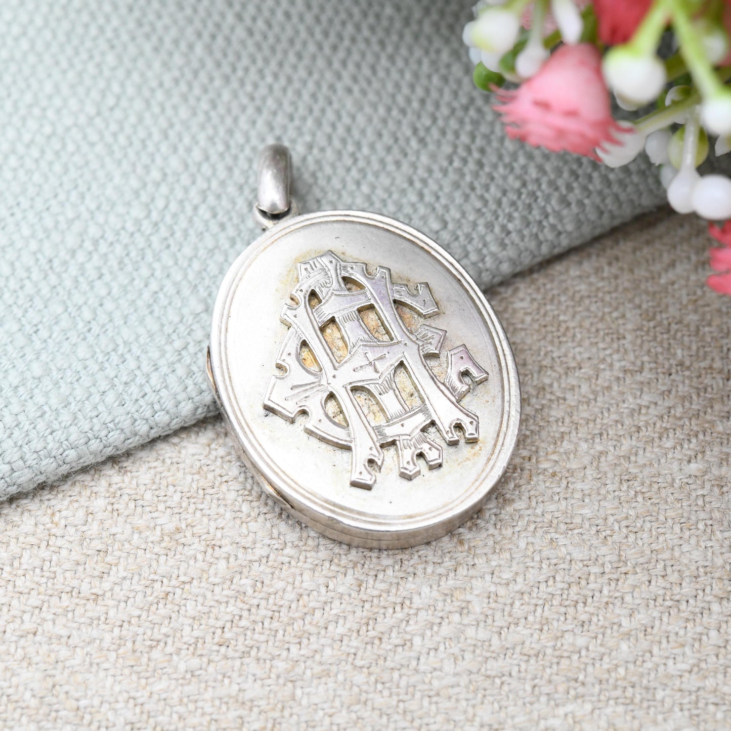 Antique Victorian Monogram Sterling Silver Locket with Interwoven Letter Design AIE - Oval Pendant Engraved Fancy Initials Sentimental Gift