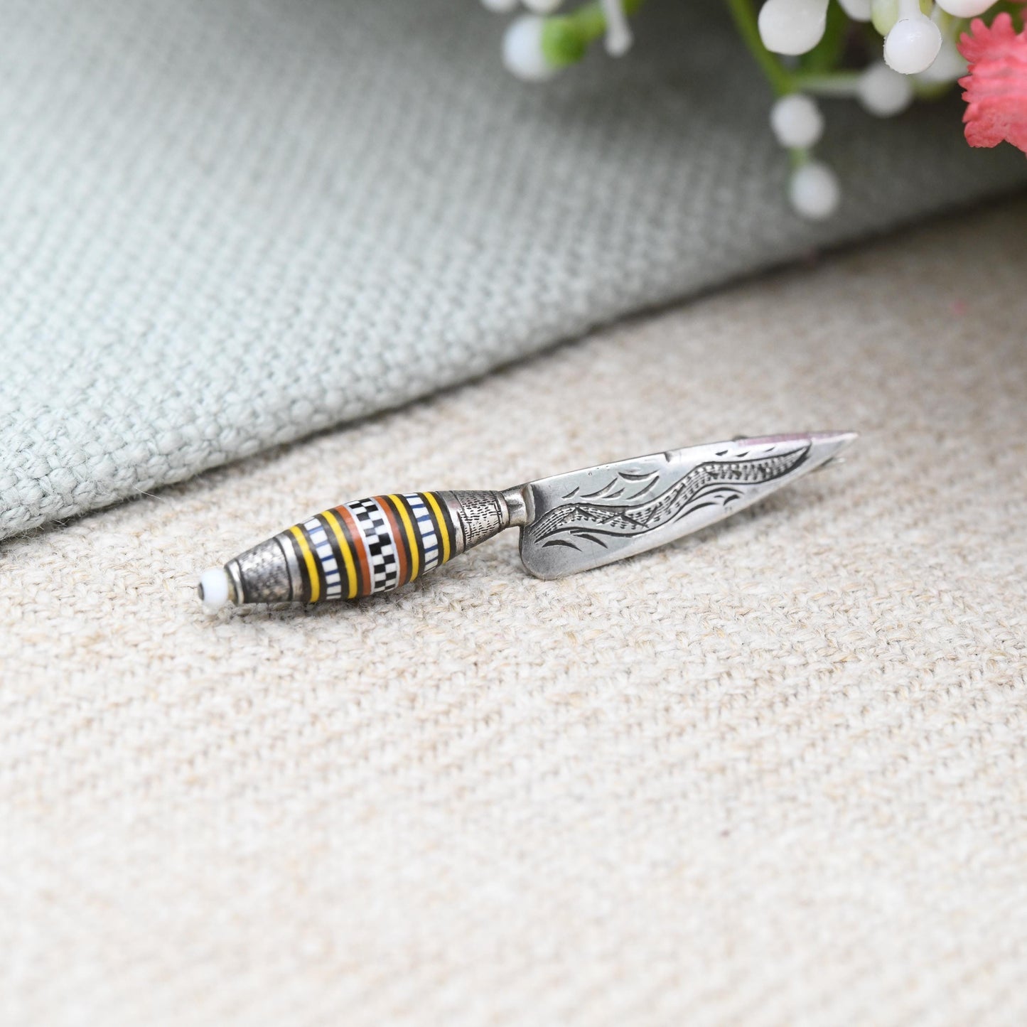 Antique Silver Canarian Knife Brooch Miniature Cuchillo Canario - Gran Canario Traditional Knife Striped Fusiform Cap Geometric Handle Inlay