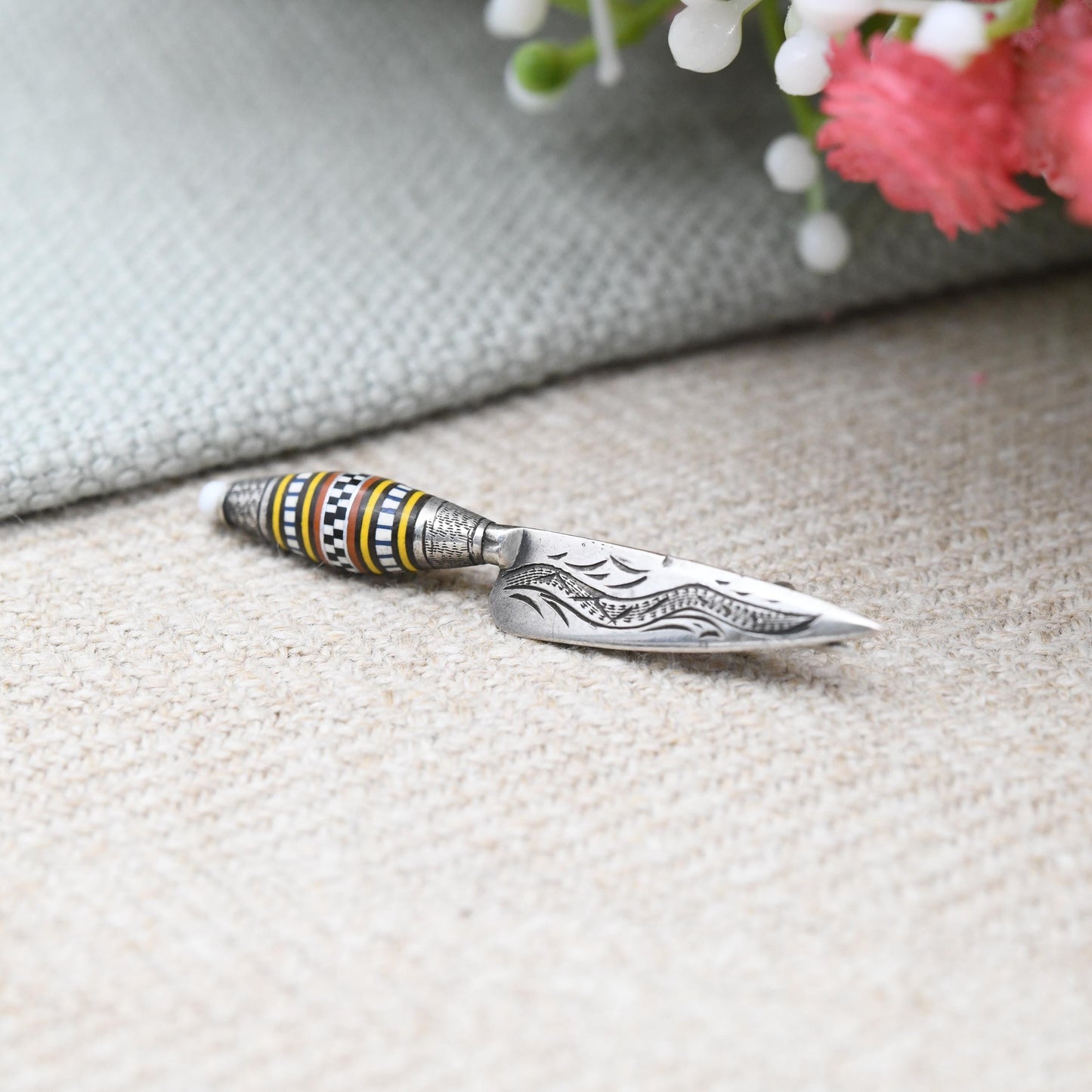 Antique Silver Canarian Knife Brooch Miniature Cuchillo Canario - Gran Canario Traditional Knife Striped Fusiform Cap Geometric Handle Inlay