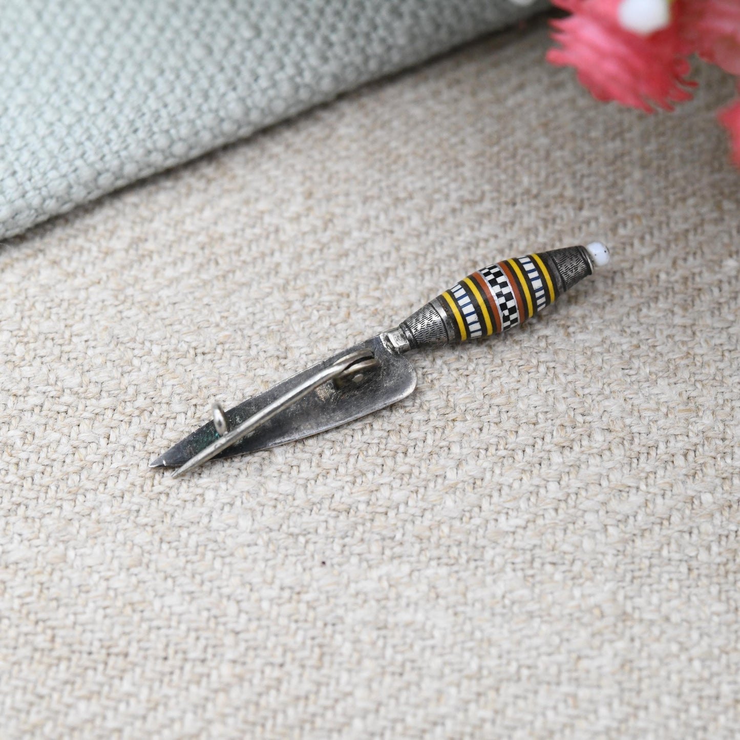 Antique Silver Canarian Knife Brooch Miniature Cuchillo Canario - Gran Canario Traditional Knife Striped Fusiform Cap Geometric Handle Inlay