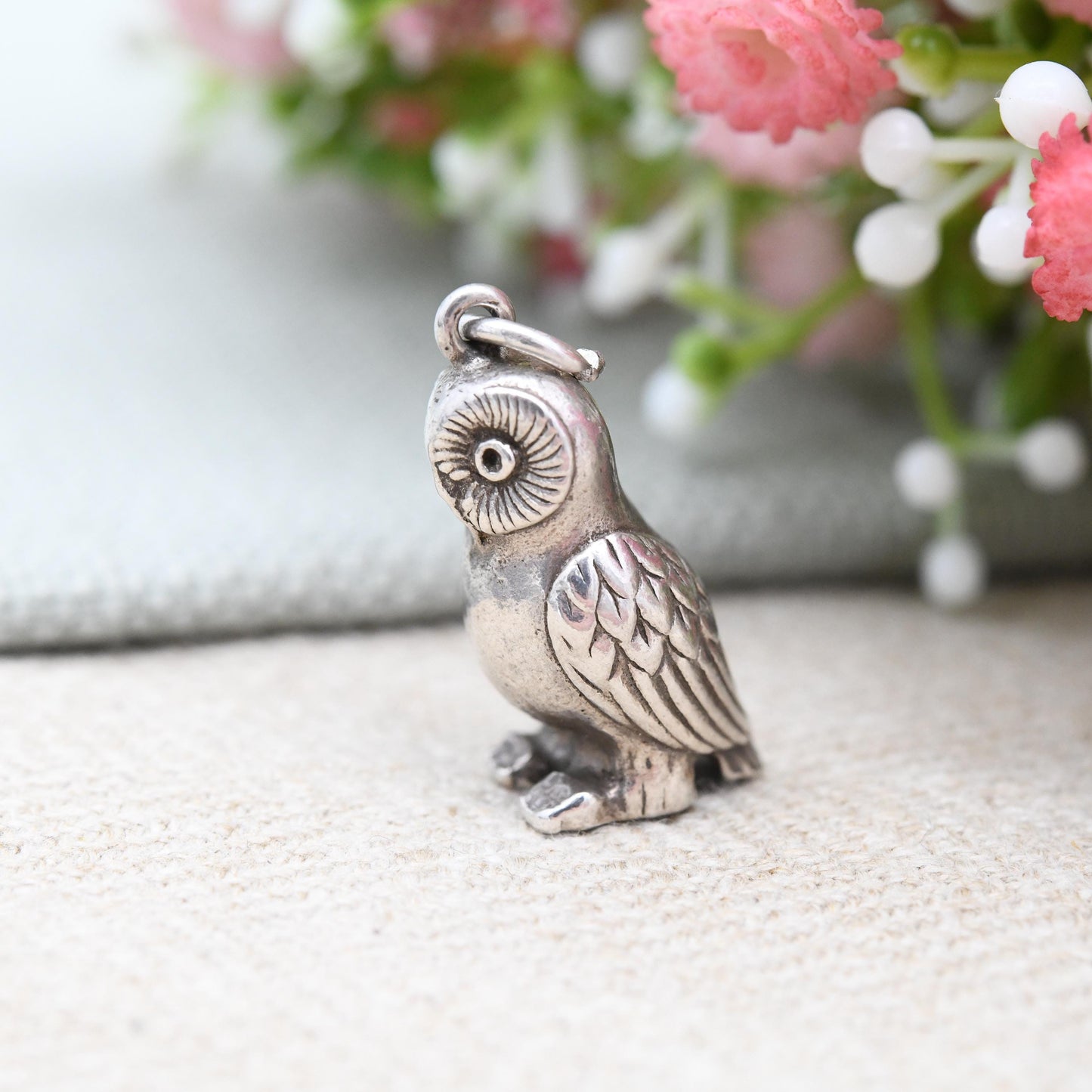 Vintage Sterling Silver Owl Charm Pendant - Cute Animal Nature Lover Gift | Chunky Charm Bracelet Necklace | Athena Symbol of Wisdom