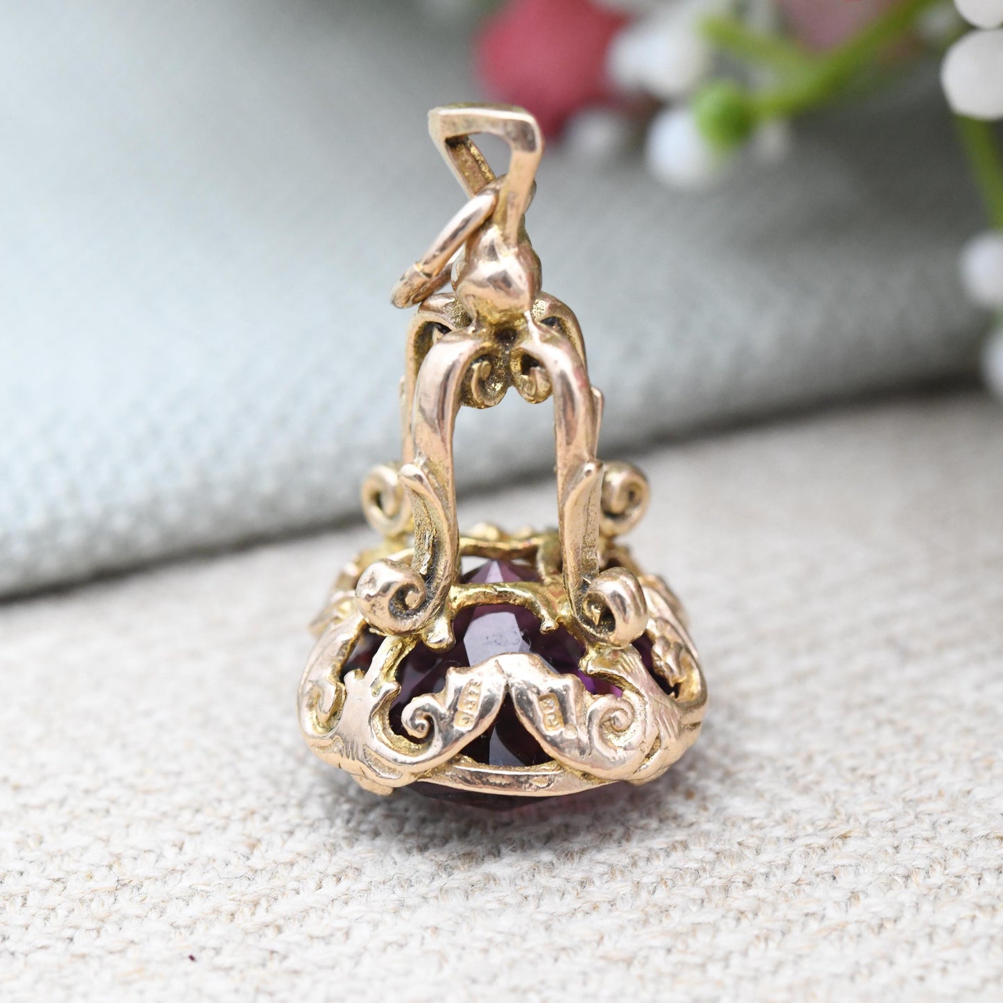 Vintage 9ct Gold Watch Fob 1966 - Mid-Century Faceted Purple Glass Stone Watch Fob Pendant Ornate Antique Style Pretty Gift for Her Charm