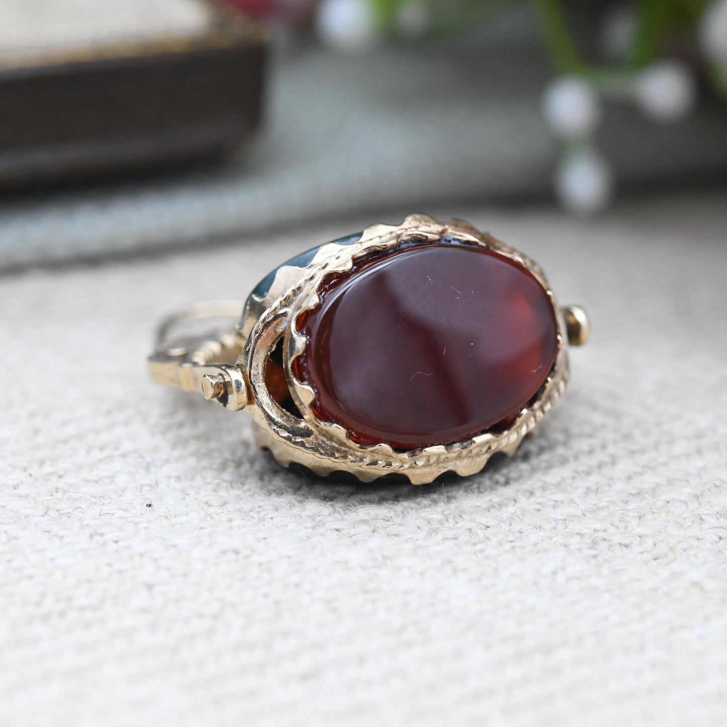 Vintage 9ct Gold Gemstone Spinner Fob Bloodstone Carnelian Onyx - Gemstone Watch Fob Pendant | Antique Style | Heliotrope Jasper