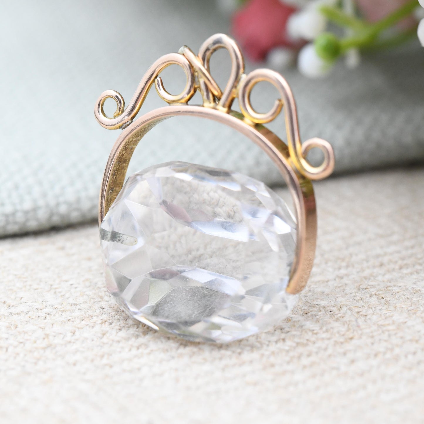 Antique 9ct Gold Spinner Fob with Large Clear Stone - Faceted Stone Watch Fob Pendant Ornate Scrolling Design Jewellery Large Charm Gift