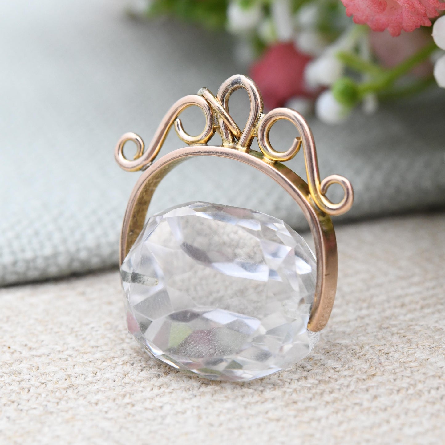 Antique 9ct Gold Spinner Fob with Large Clear Stone - Faceted Stone Watch Fob Pendant Ornate Scrolling Design Jewellery Large Charm Gift