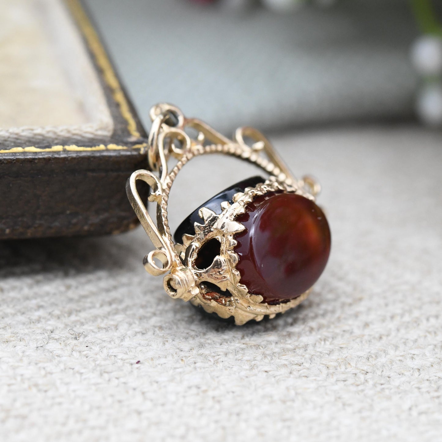 Vintage 9ct Gold Spinner Fob Pendant Carnelian Onyx Bloodstone - Antique Style Miniature Gemstone Watch Fob Charm Fidget Pretty Gift for Her